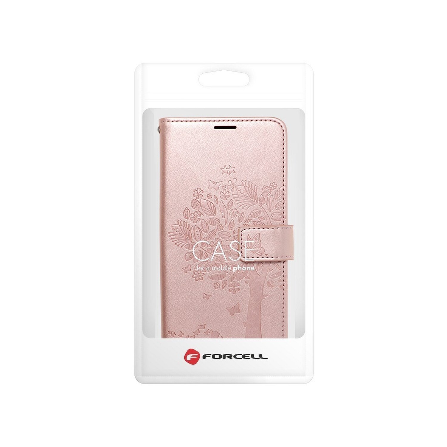 Custodia per telefono rosa in confezione di plastica trasparente. Design floreale e marchio visibili.