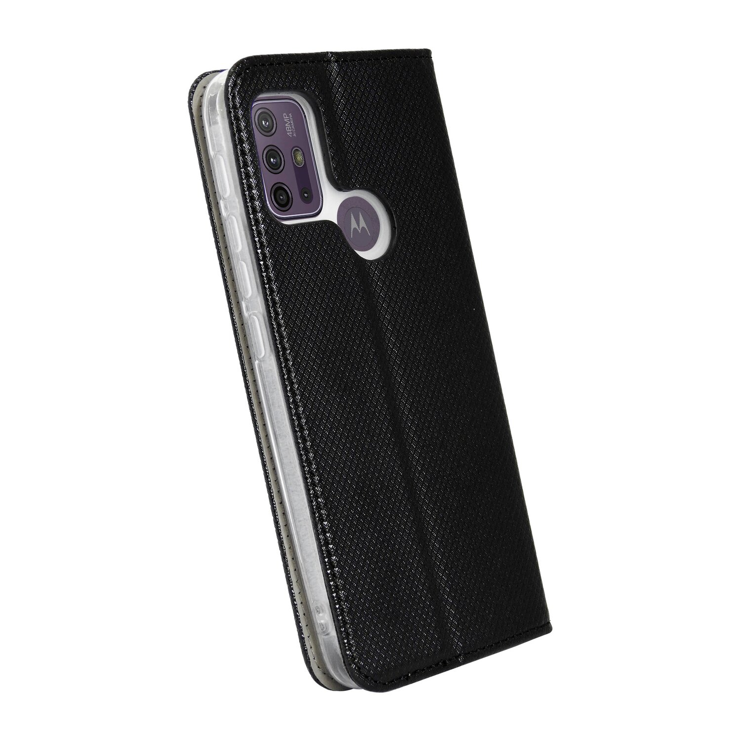 Eine schwarze Handyhülle hält ein Telefon. Die Hülle ist offen und hat ein strukturiertes Design.
