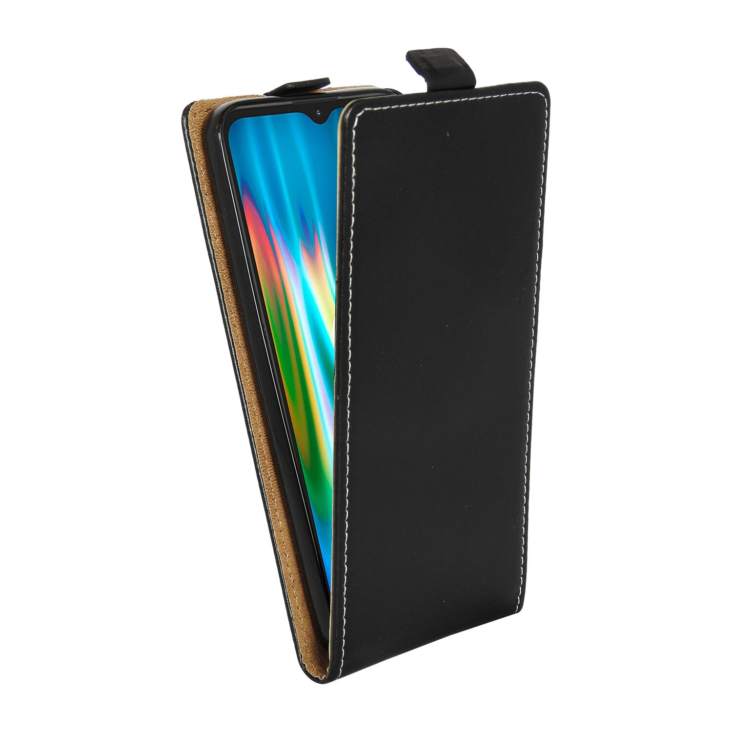 Eine schwarze Handyhülle, die geöffnet ist, um ein Telefon zu zeigen. Der Telefonbildschirm ist eingeschaltet.