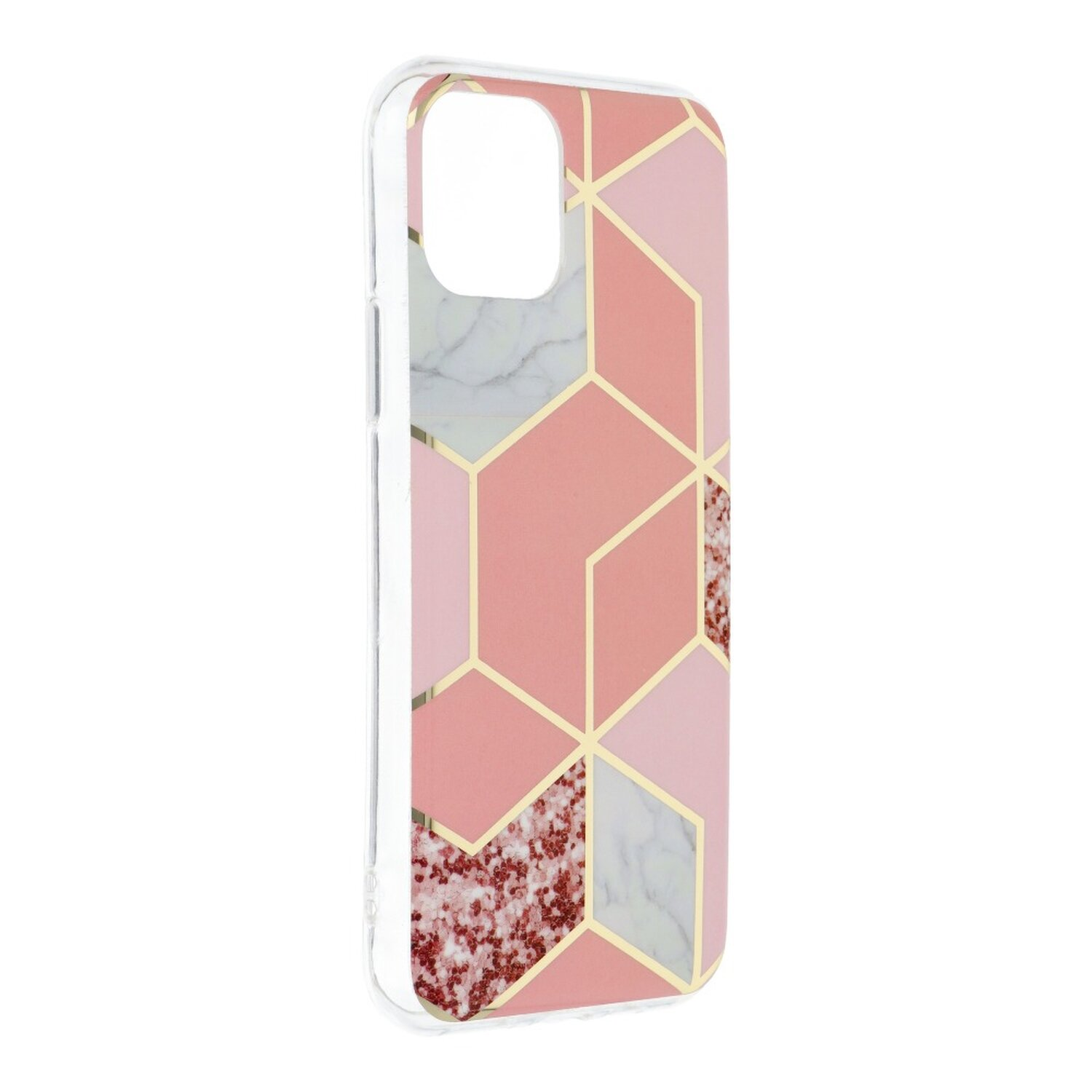 Handyhülle mit geometrischem Design in Rosa-, Gold- und Marmormustern.