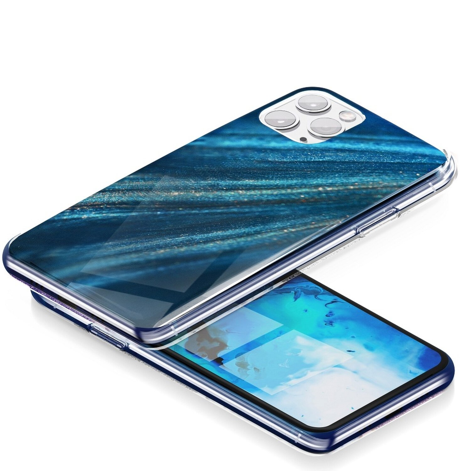 Eine Handyhülle mit blauem und goldenem Muster wird auf einem Telefon gezeigt.