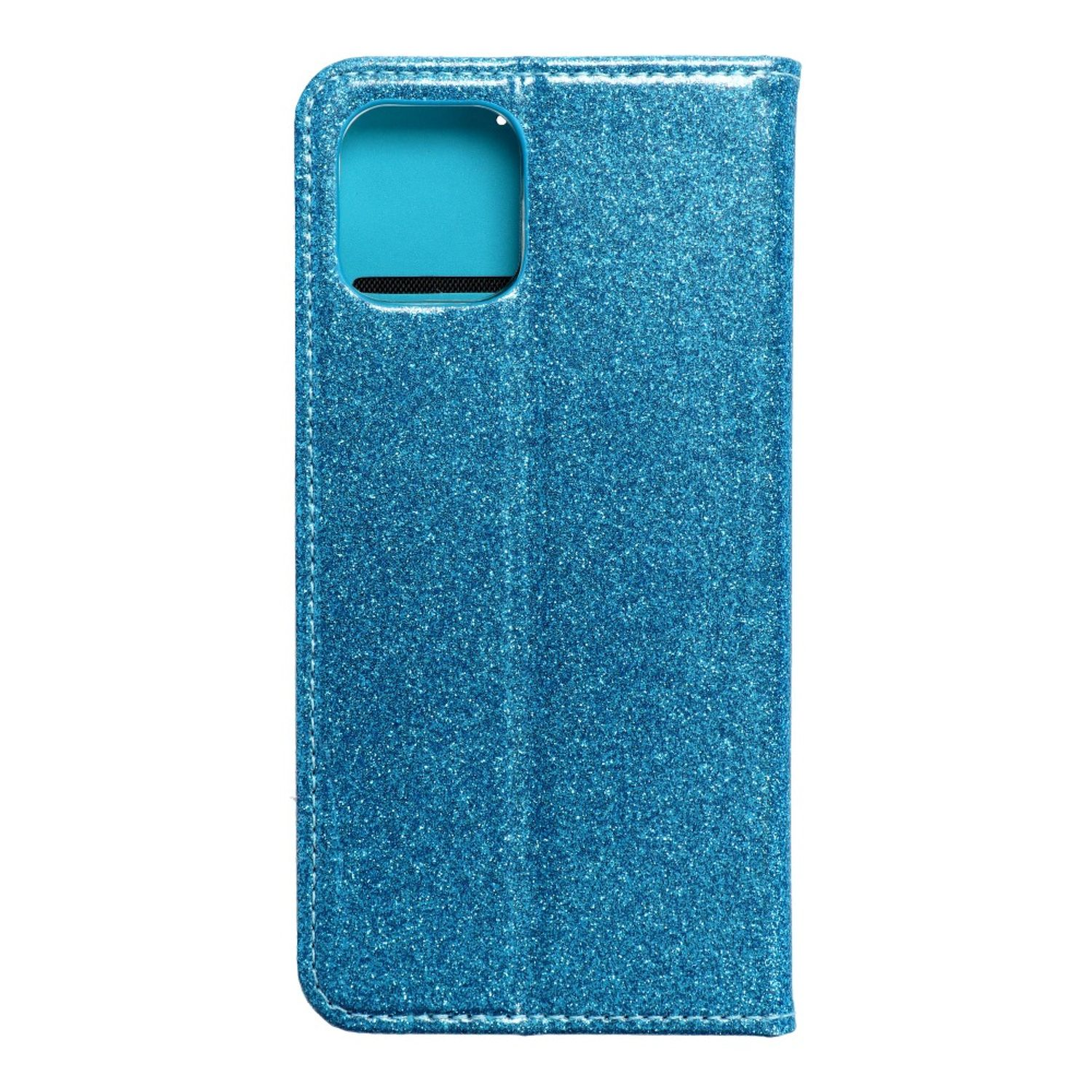 Blau glitzernde Handyhülle, abgewinkelt, zeigt Ausschnitt für Kamera, weißer Hintergrund.
