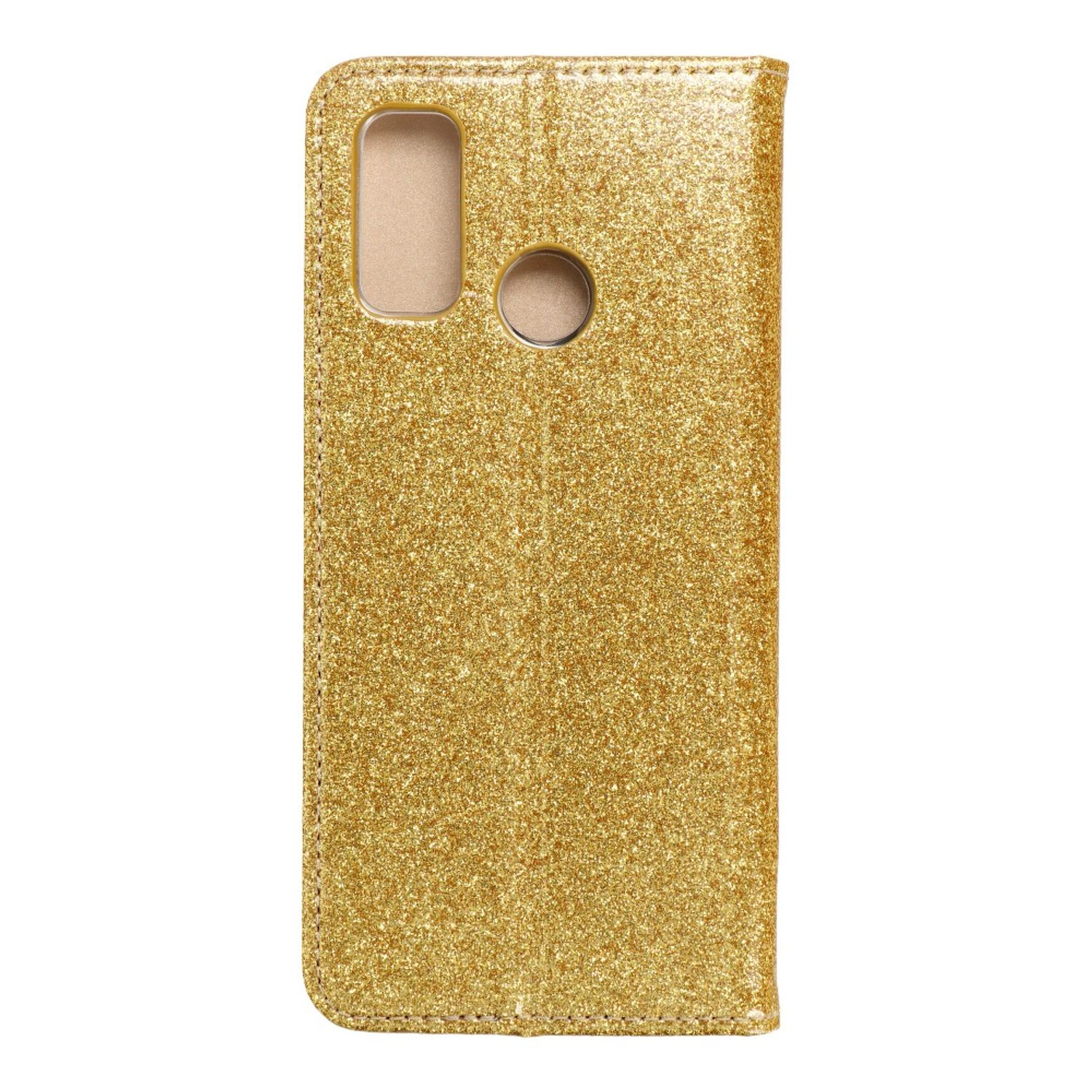 Goldene Glitzer-Handyhülle mit Kamera- und Lautsprecherlöchern. Der Koffer ist geschlossen.