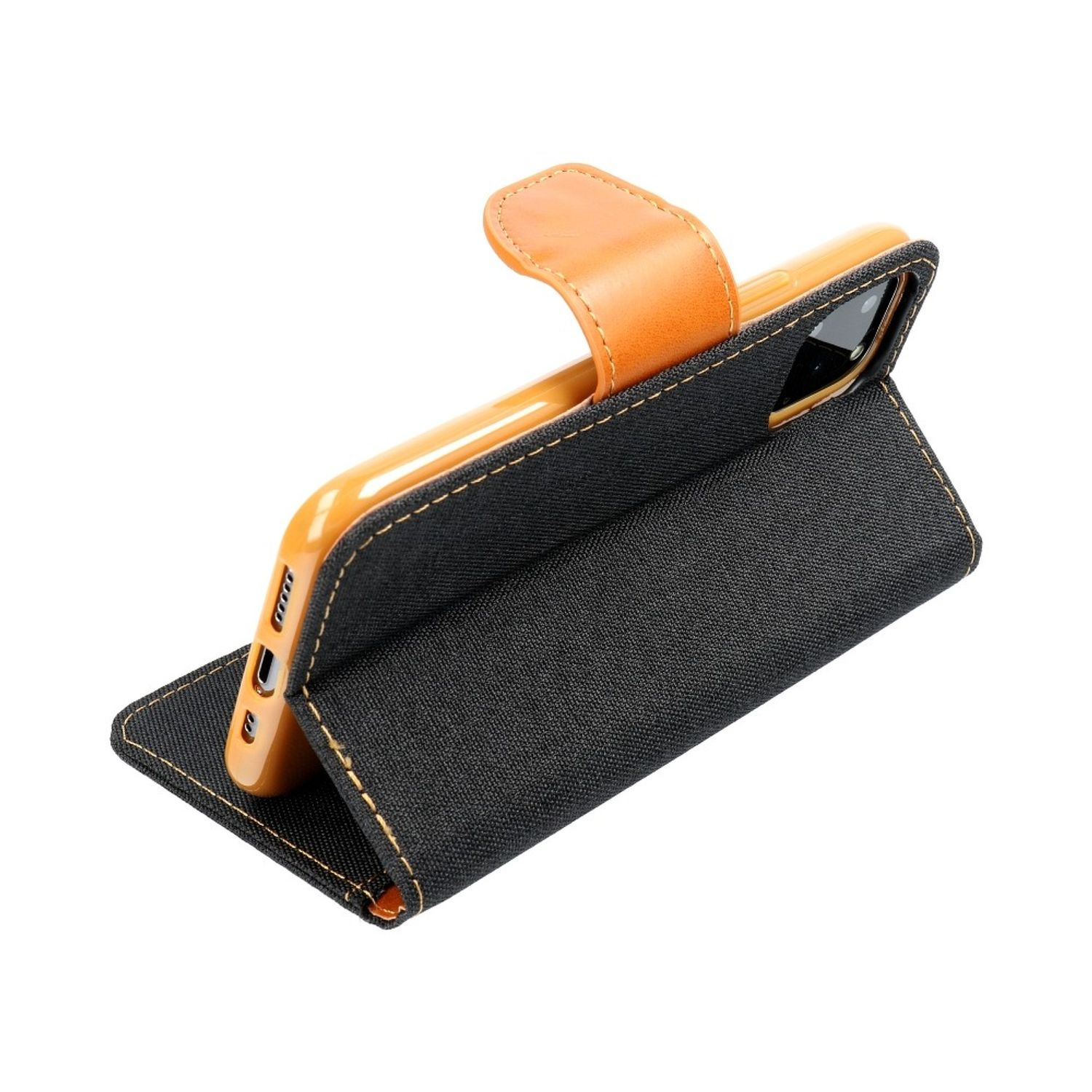 Schwarz-oranges Handy-Case, aufgeklappt.
