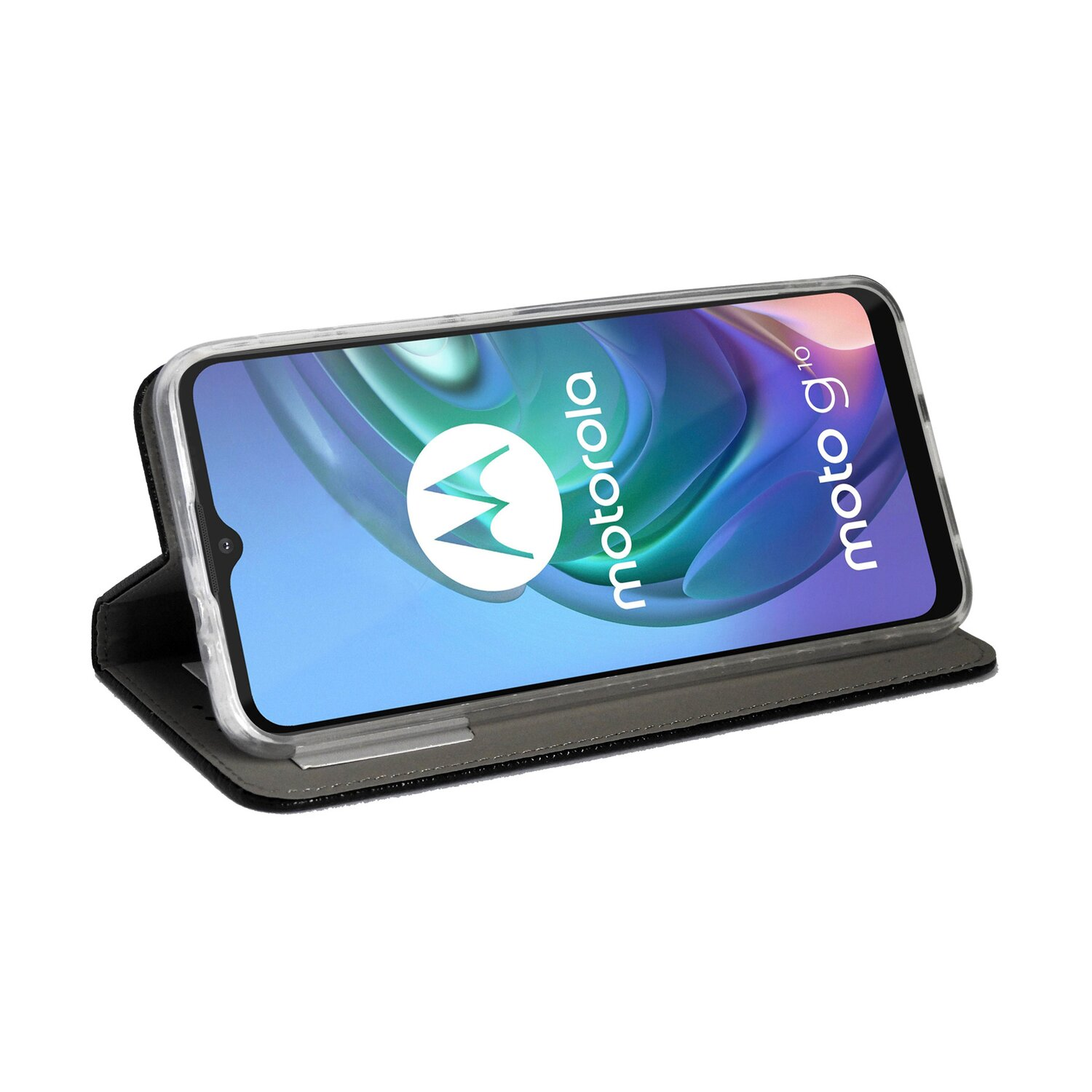 Ein Telefon mit Hülle ist auf einer weißen Oberfläche geöffnet. Das Telefon ist ein Motorola Moto g10.