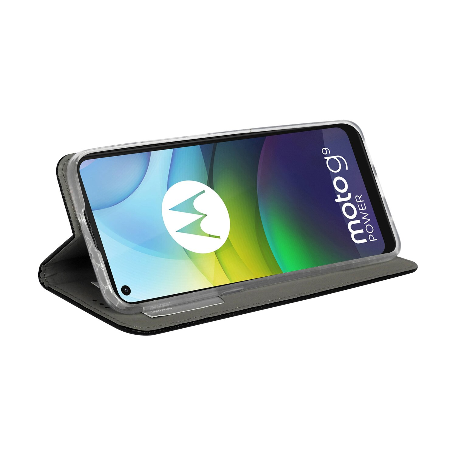 Smartphone in einer Hülle, mit dem Moto g9 power Logo sichtbar.