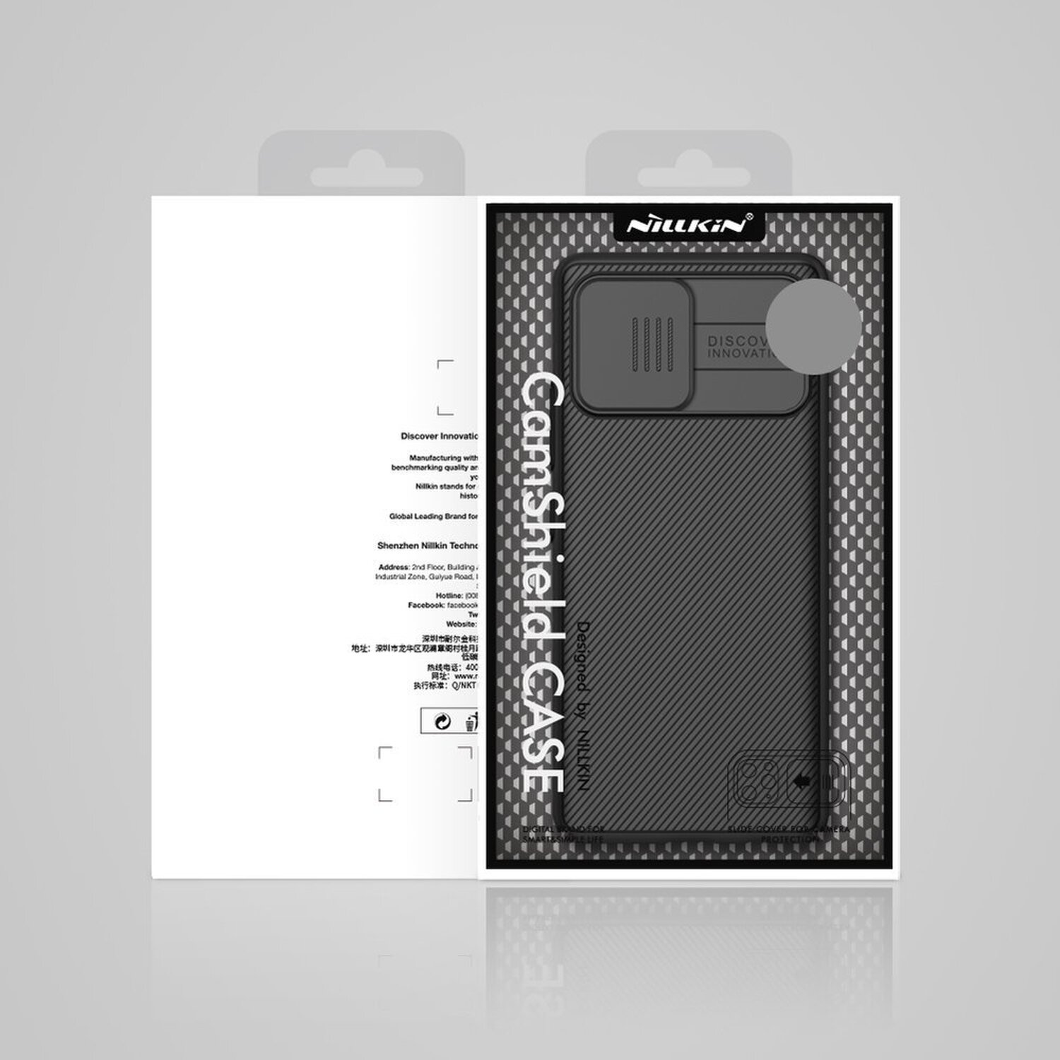 Telefonhüllen-Box mit der Aufschrift "CamShield CASE". Box ist weiß, mit schwarzer Hülle.