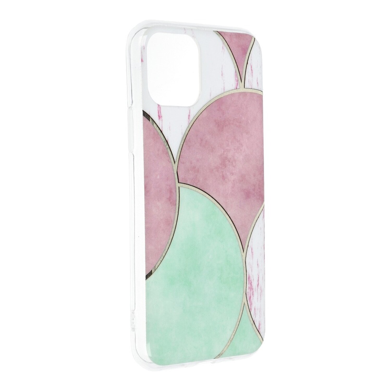 Transparente Handyhülle mit rosa, grünen und weißen geometrischen Formen auf weißem Hintergrund.