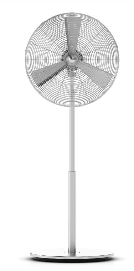 Silver metal fan on a white stand. The fan blades are visible.