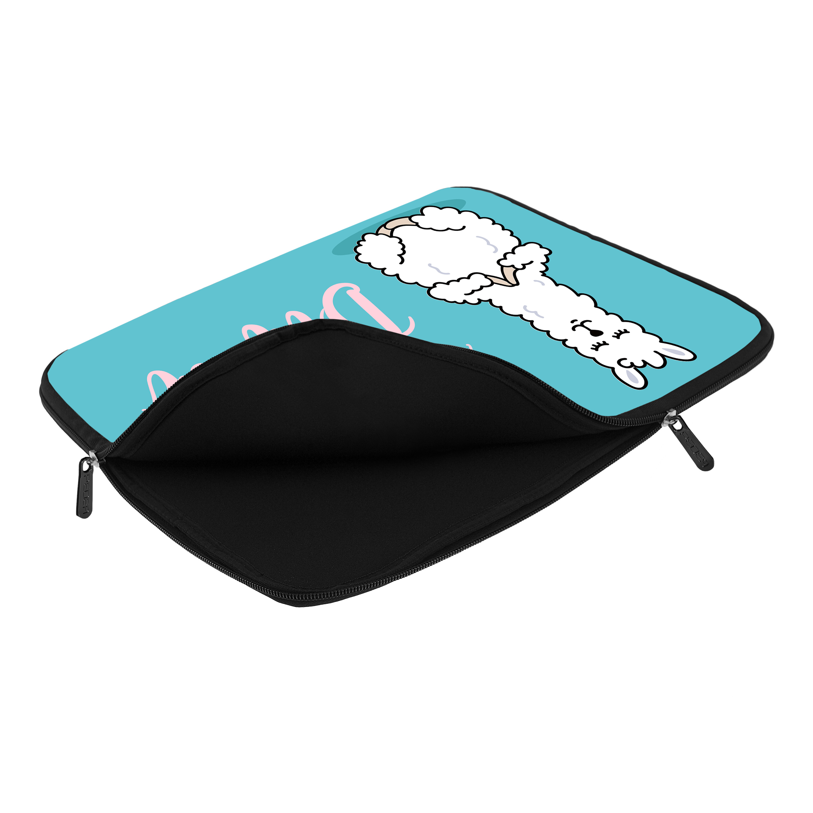 Eine Laptoptasche mit einem Cartoon-Lama-Design. Sie ist geöffnet und zeigt ein schwarzes Innere.