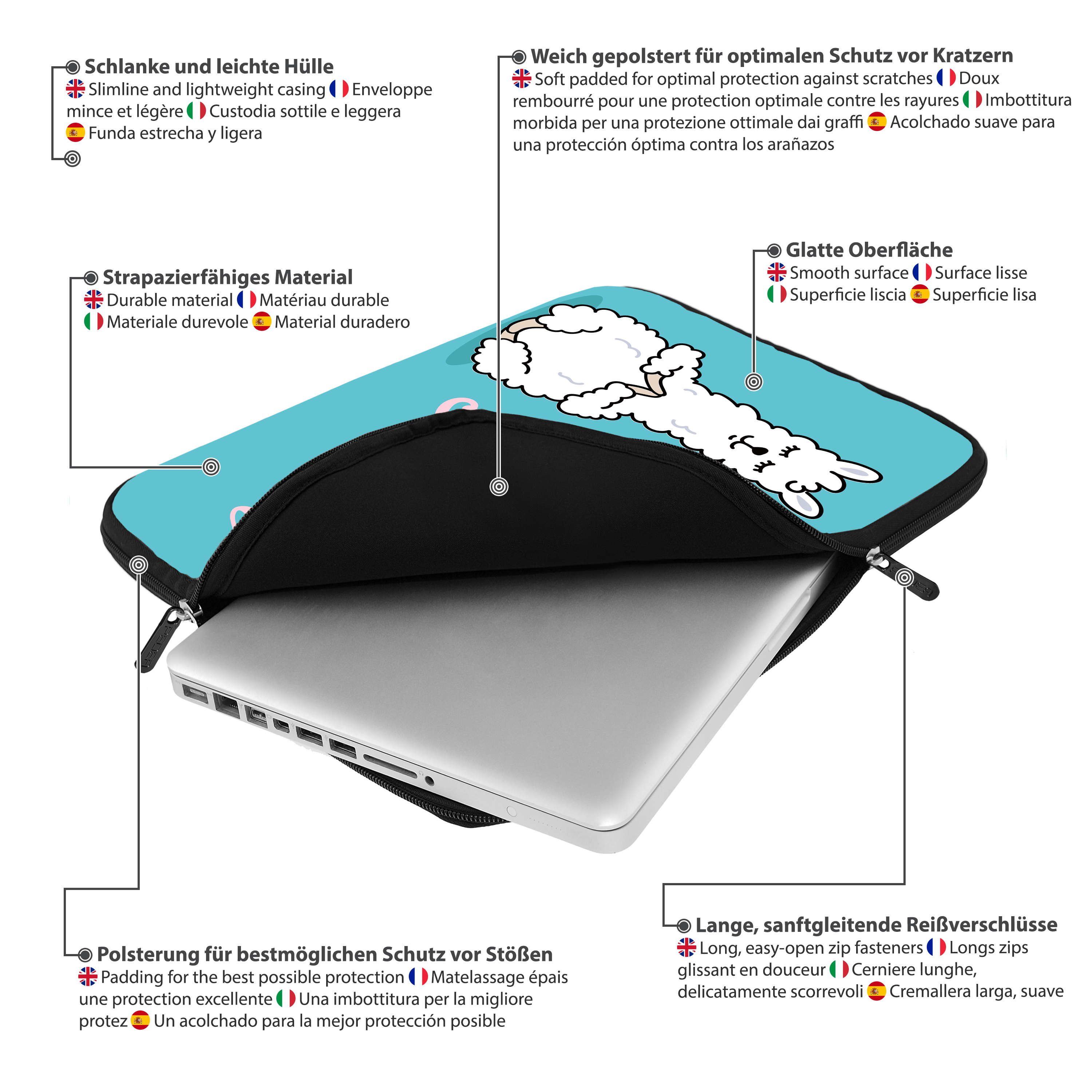 Ein Laptop in einer blauen Hülle. Die Hülle hat eine Lama-Illustration und Text.