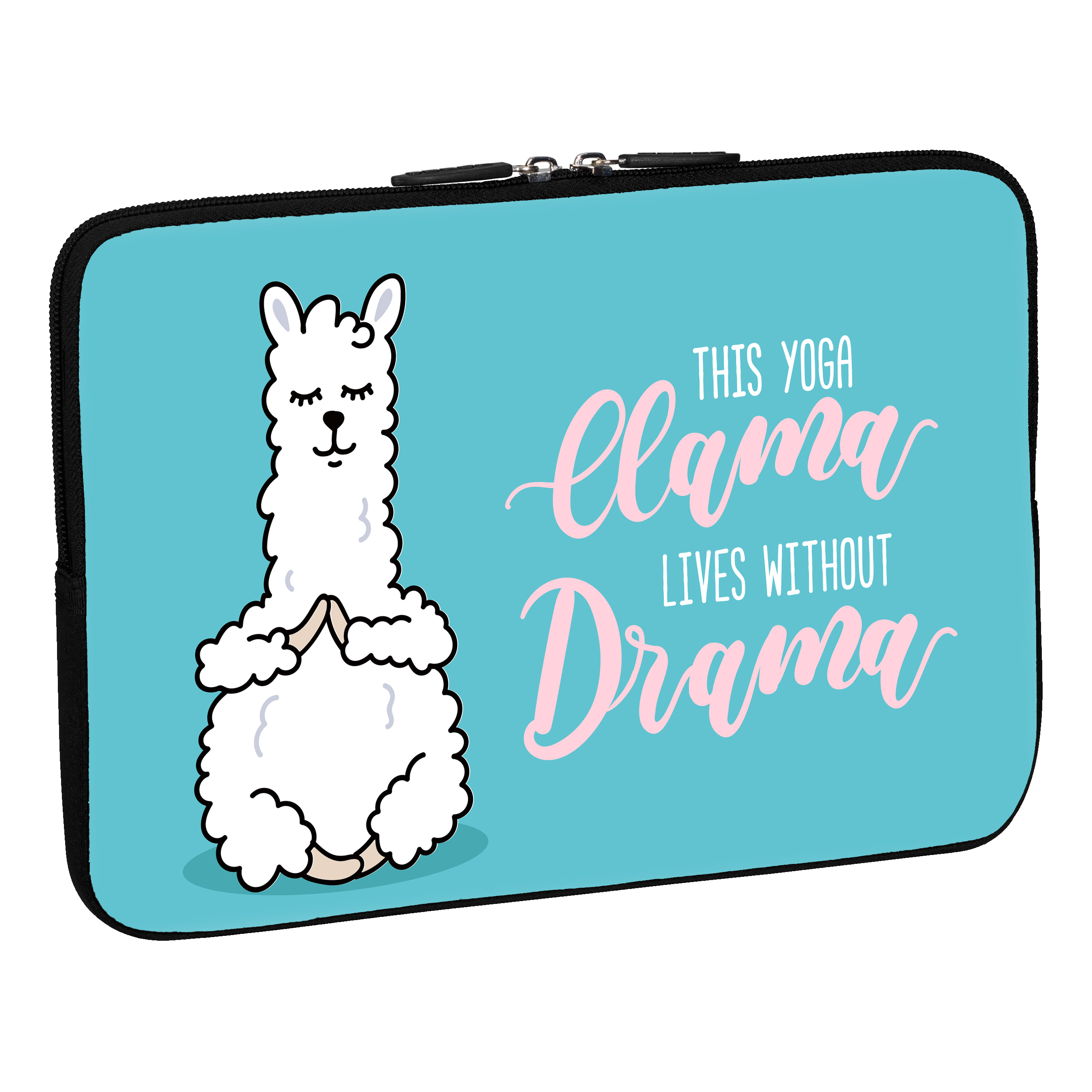 Eine blaue Hülle mit einem Lama und Text, der "This Yoga Llama Lives Without Drama" in Pink sagt.