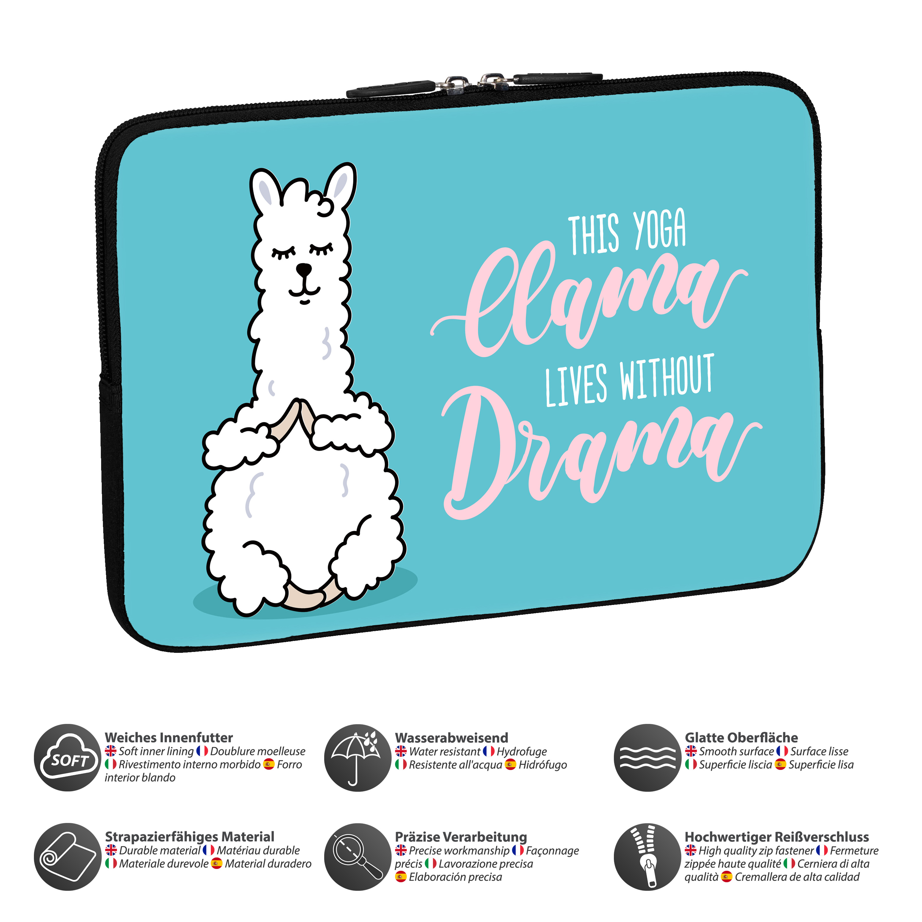 Lama auf blauem Etui, Text: 'THIS YOGA LLAMA LIVES WITHOUT DRAMA'.