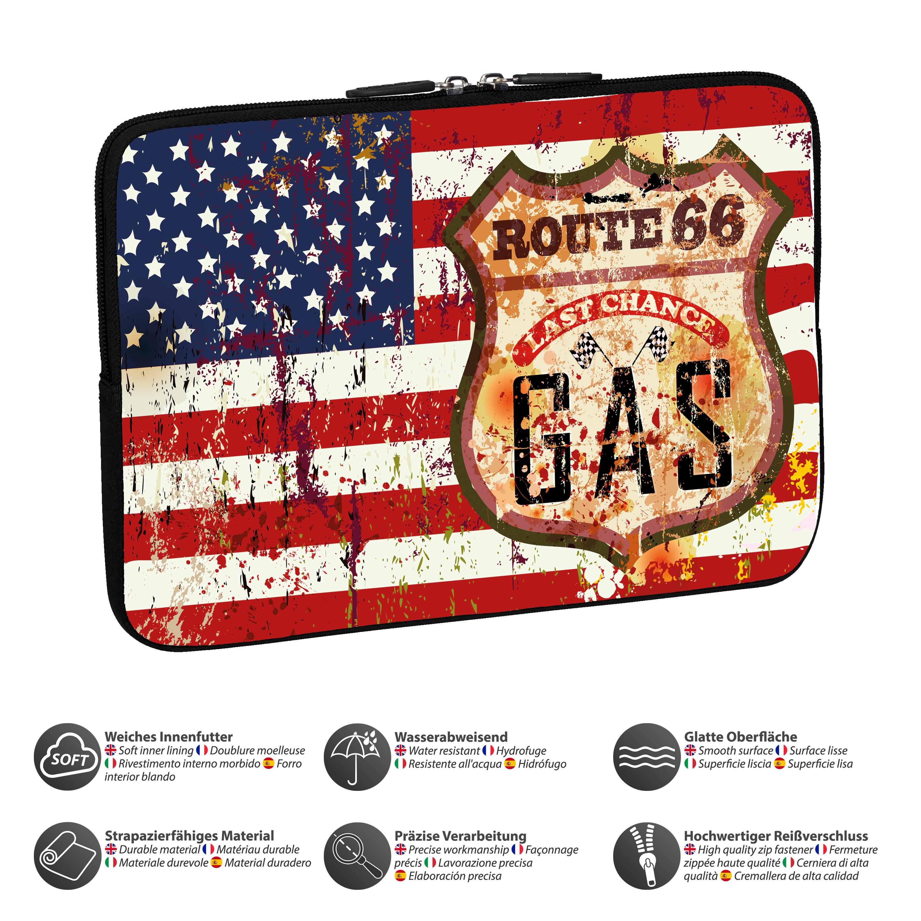 Eine schwarz-rote Route 66 Handyhülle mit verschiedenen Symbolen und Text.