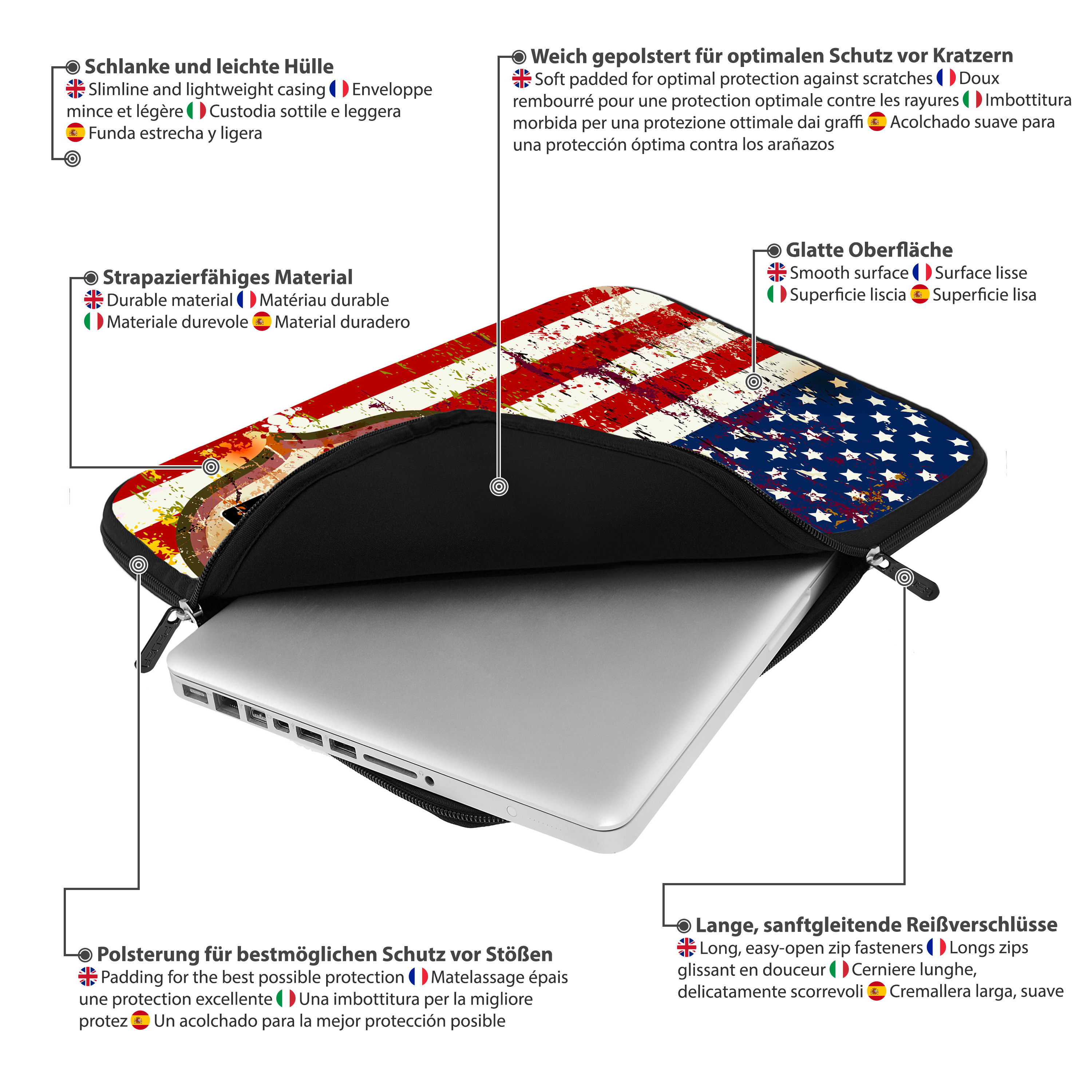 Laptoptasche mit amerikanischem Flaggen-Design und verschiedenen Textbeschriftungen.