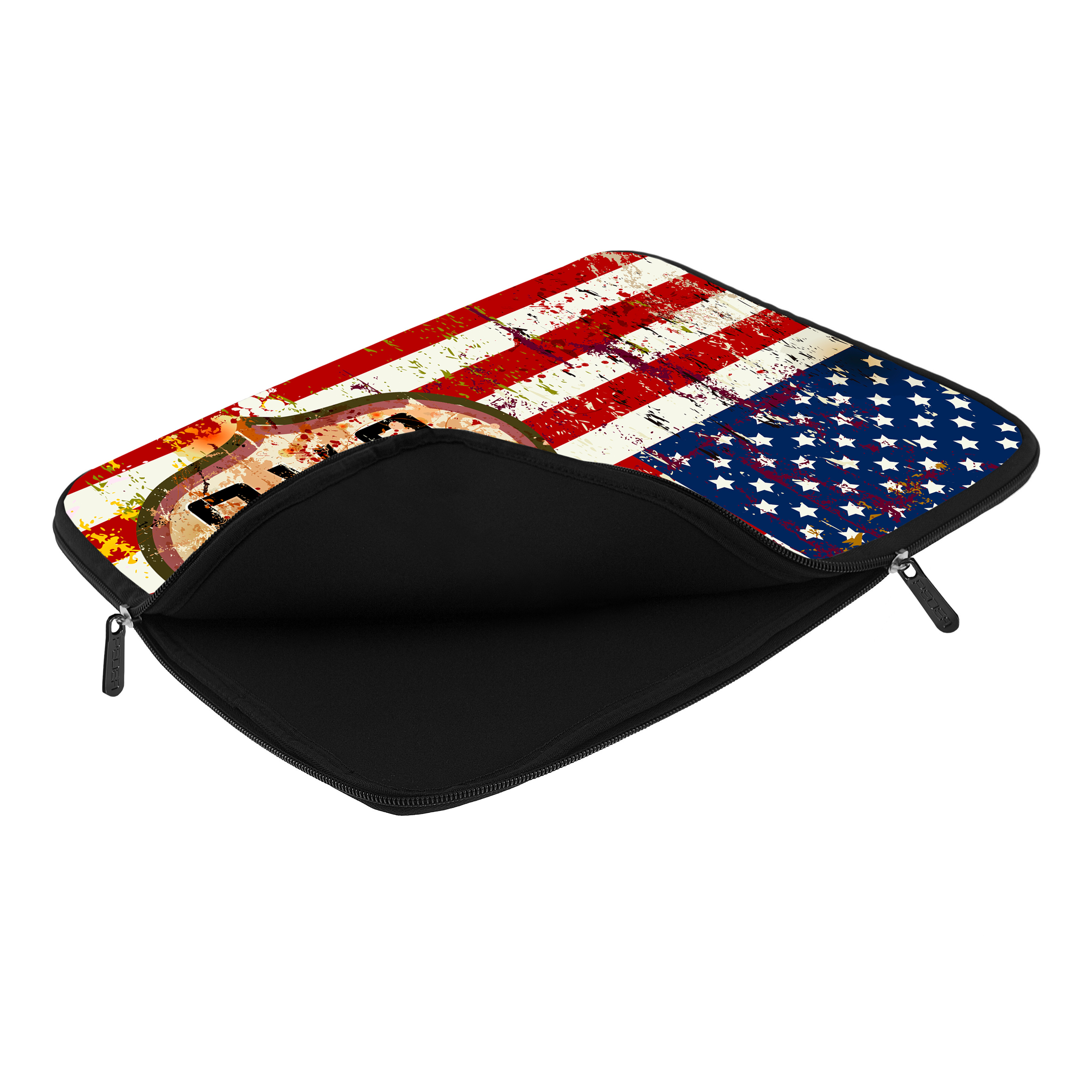 Eine Laptop-Hülle mit der amerikanischen Flagge und dem Route 66-Logo.