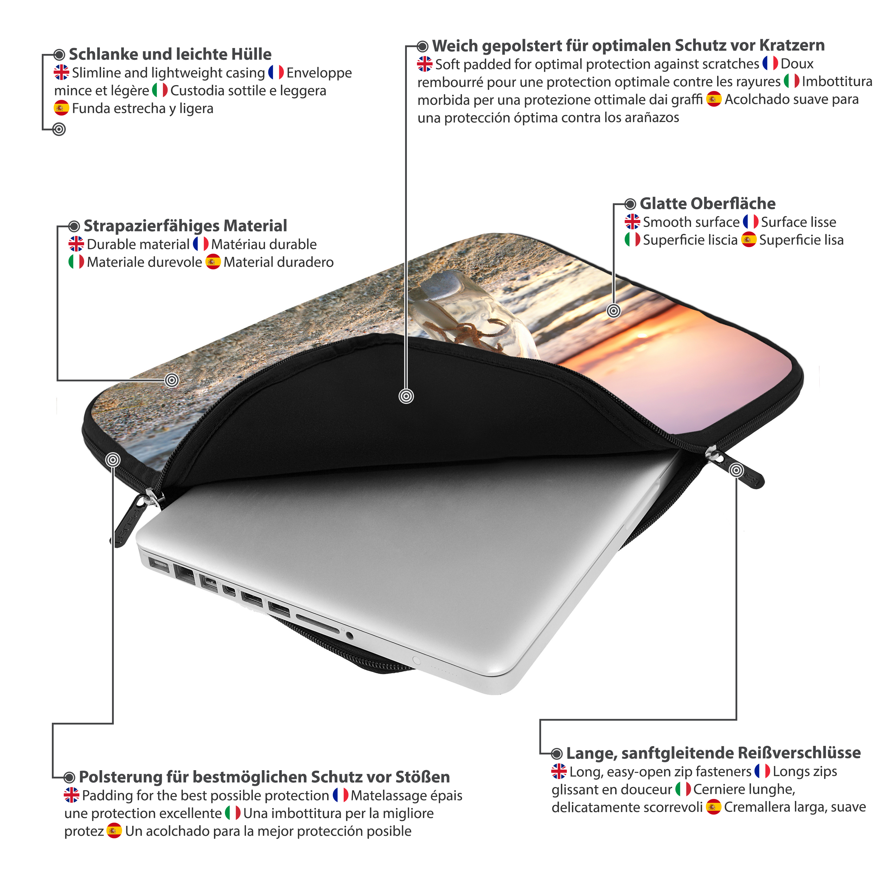 Geöffnete Laptoptasche, die Innenseite und den Laptop zeigt. Text oben.