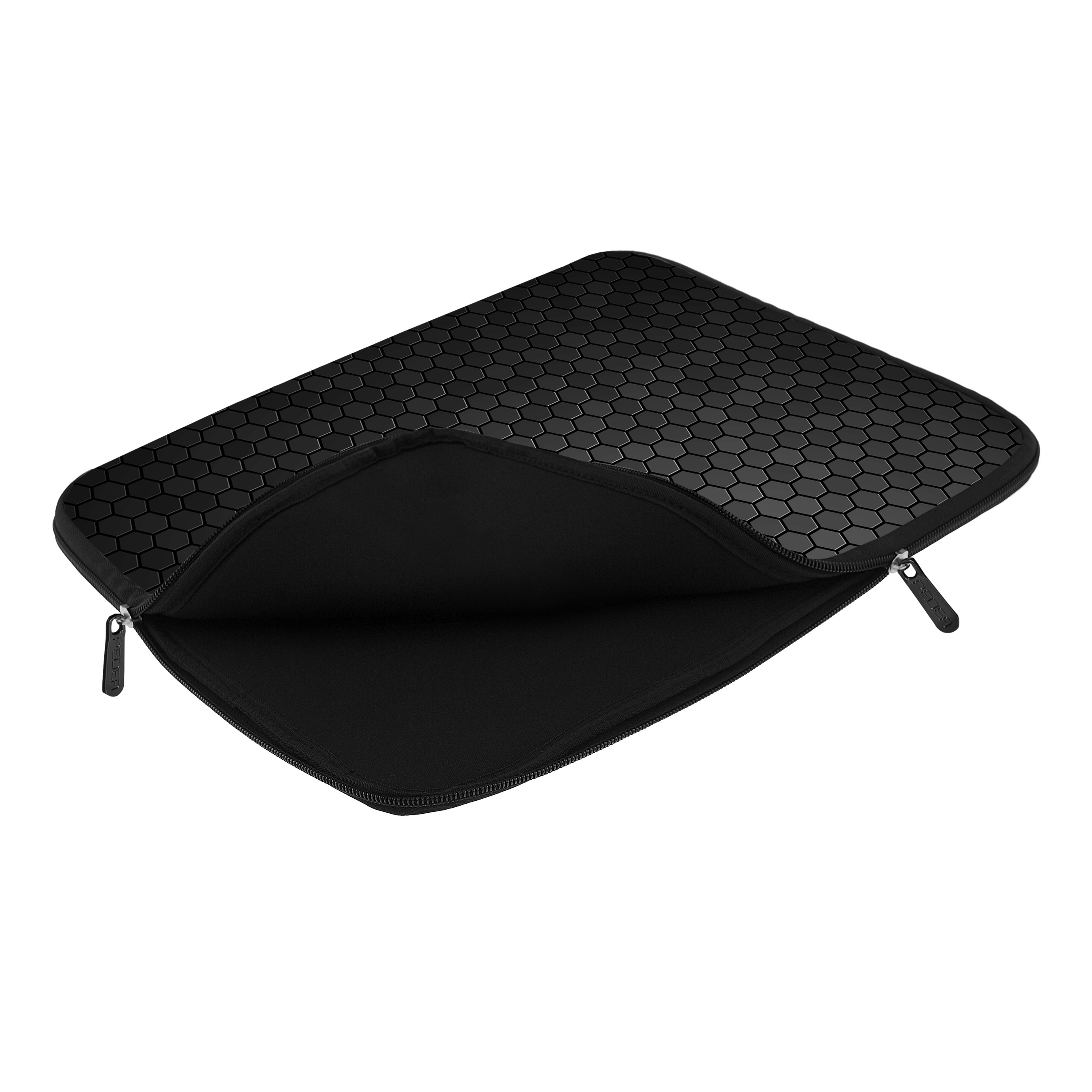Schwarze Laptoptasche mit Wabenmuster. Mit Reißverschluss und offen.