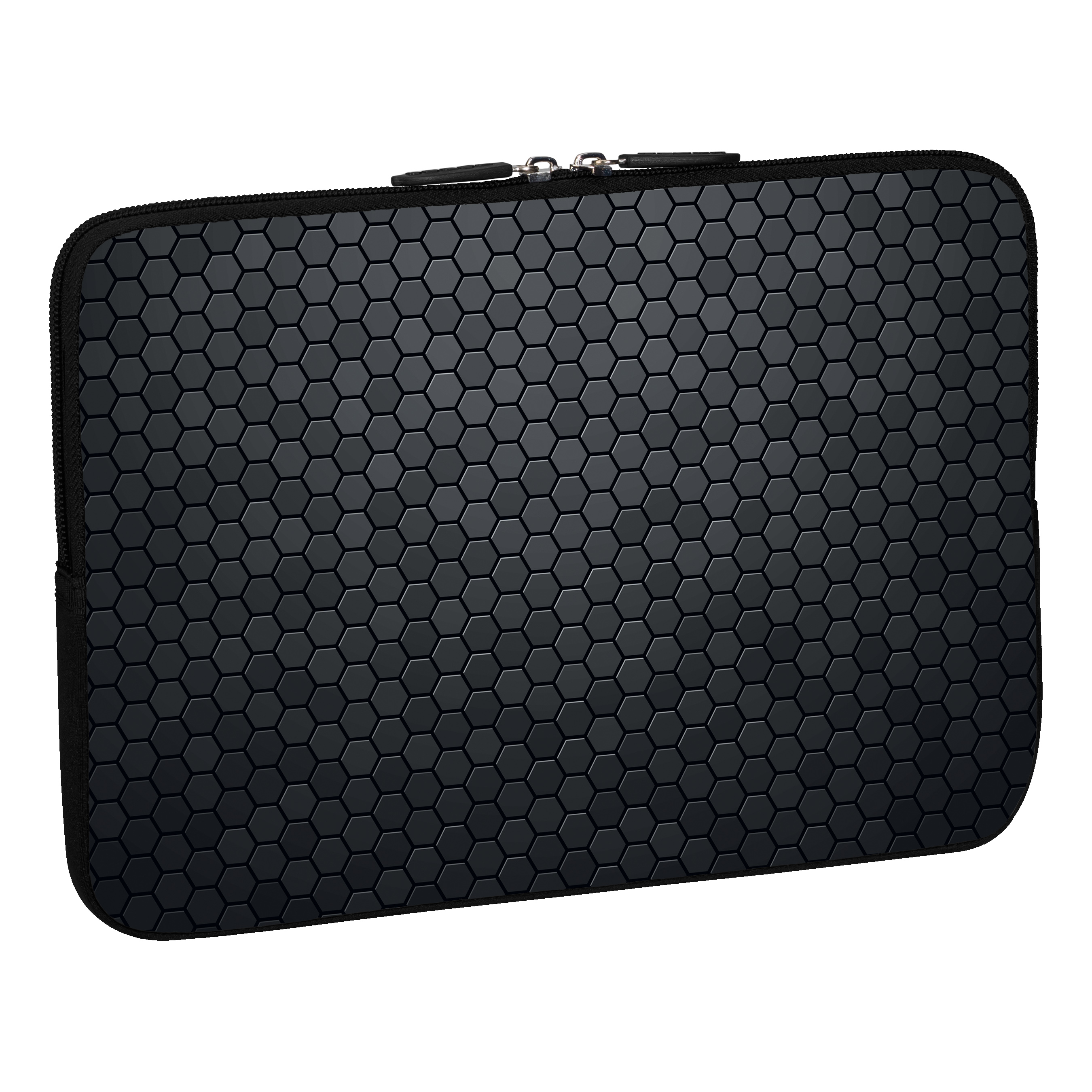 Schwarze Laptoptasche mit Wabenmuster. Weißer Hintergrund.