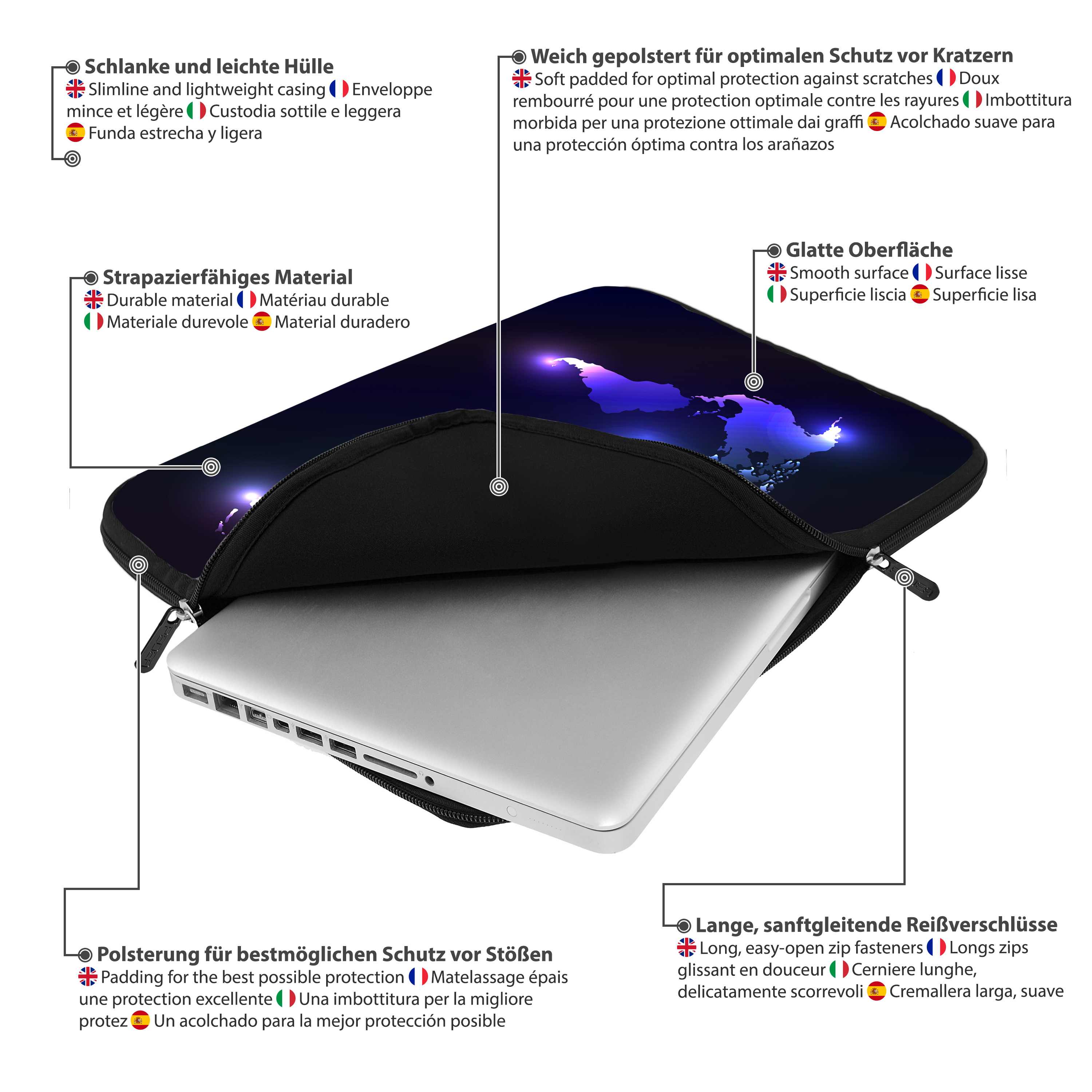 Eine schwarze Laptop-Hülle mit Weltkarten-Design. Merkmale: schlank, strapazierfähig und gepolstert, leicht zu öffnender Reißverschluss.
