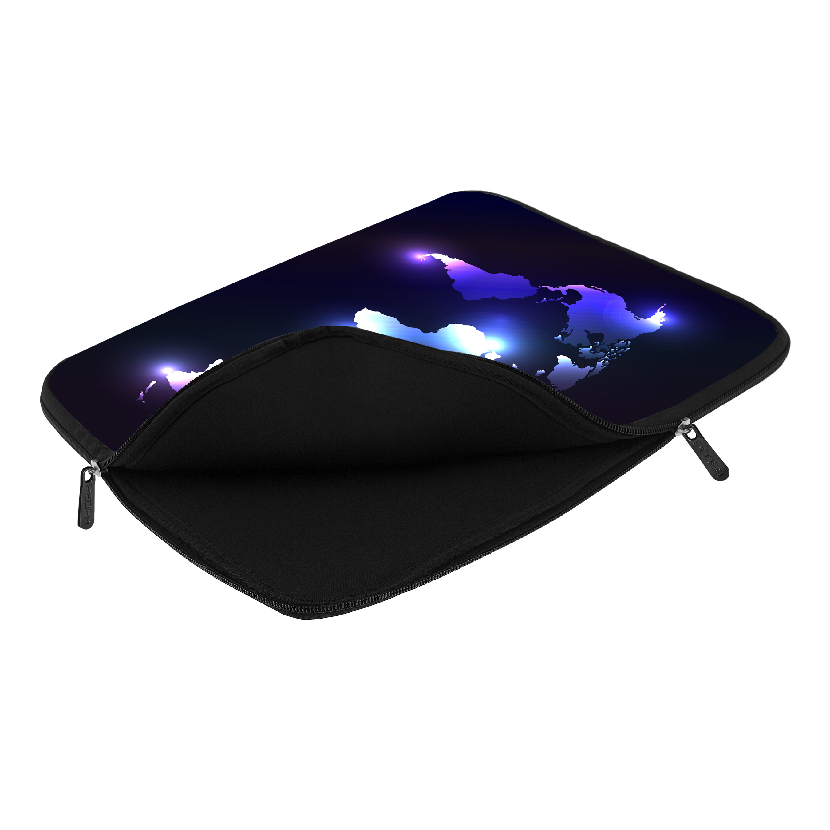 Laptoptasche mit Kartendesign, überwiegend dunkelblau mit hellblauen Akzenten.