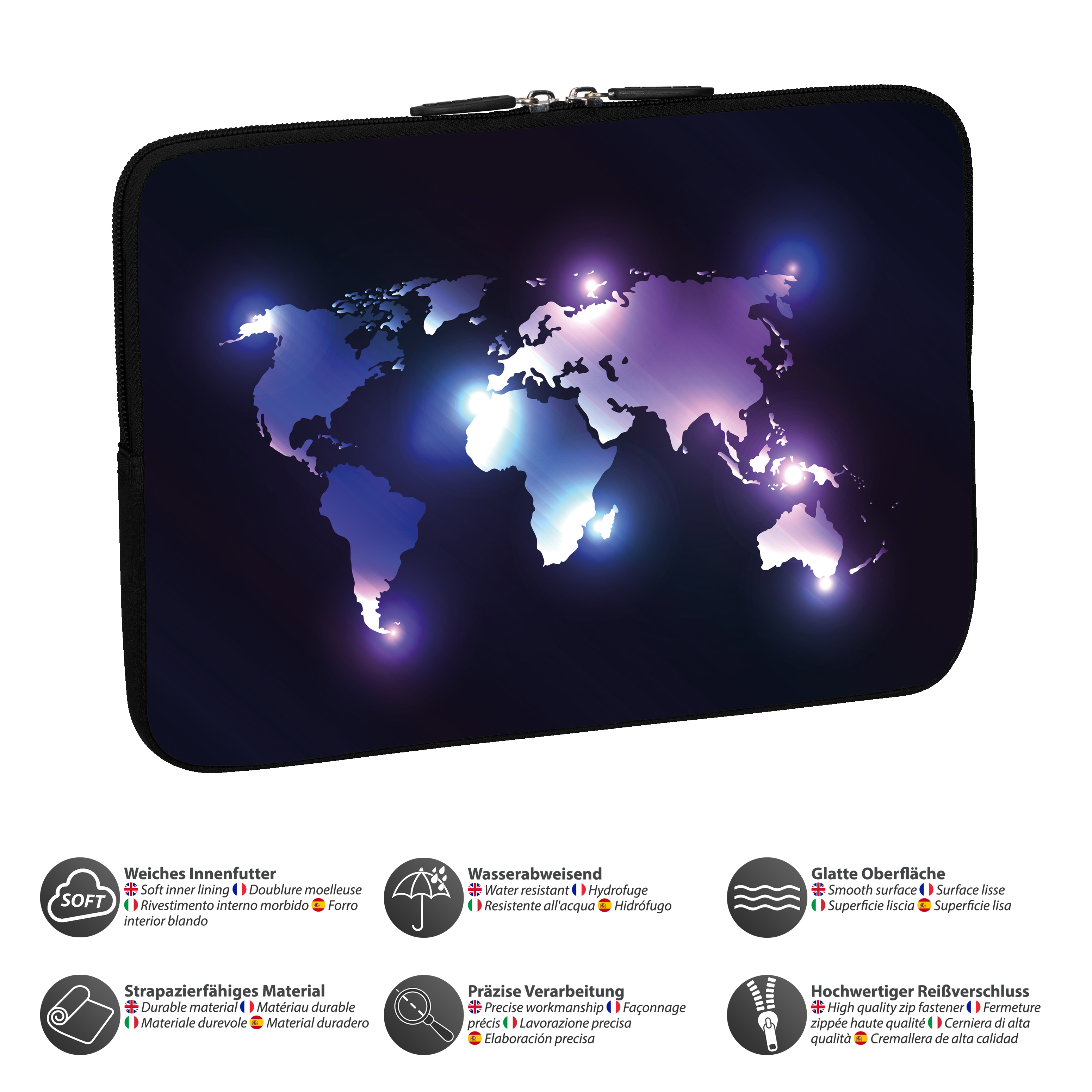 Eine Laptoptasche mit Weltkarten-Design und verschiedenen Symbolen und Texten.
