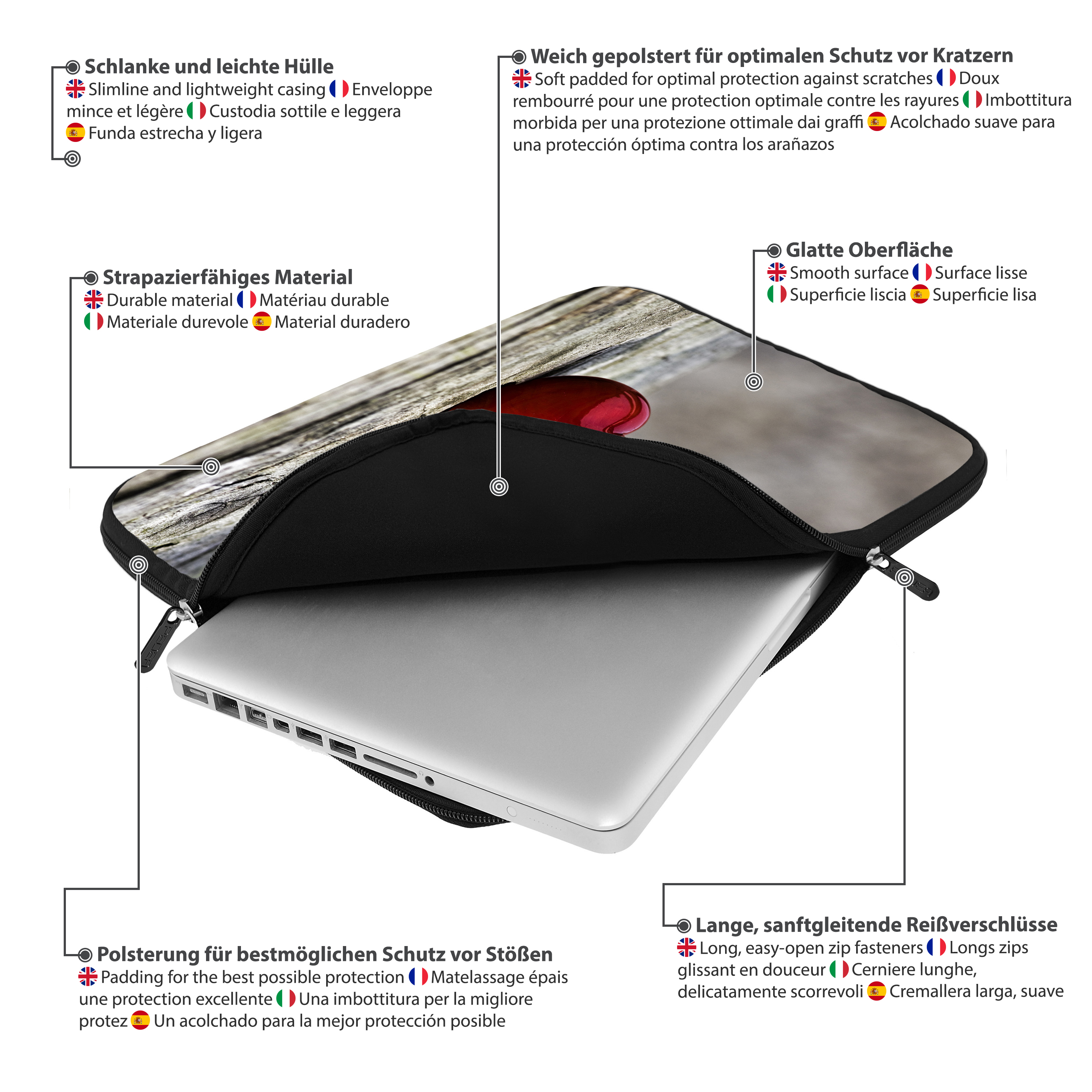 Una custodia per laptop con testo e icone. Un laptop all'interno, con un oggetto rosso al centro.