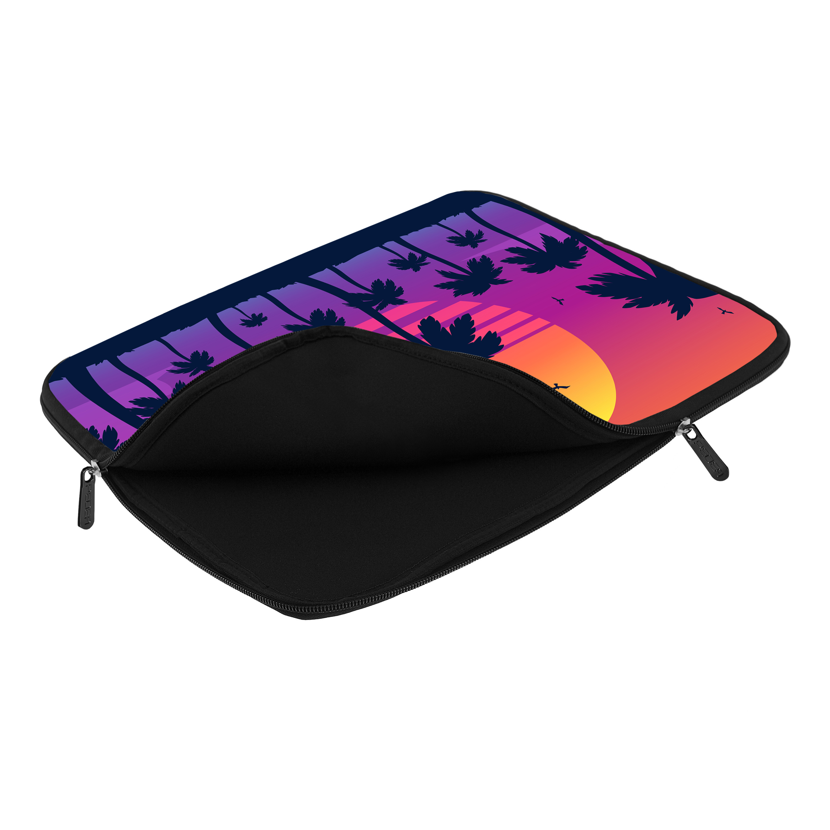 Laptophülle mit Sonnenuntergangsszene. Palmen, Sonne und dunkler Himmel. Schwarzer Innenraum.