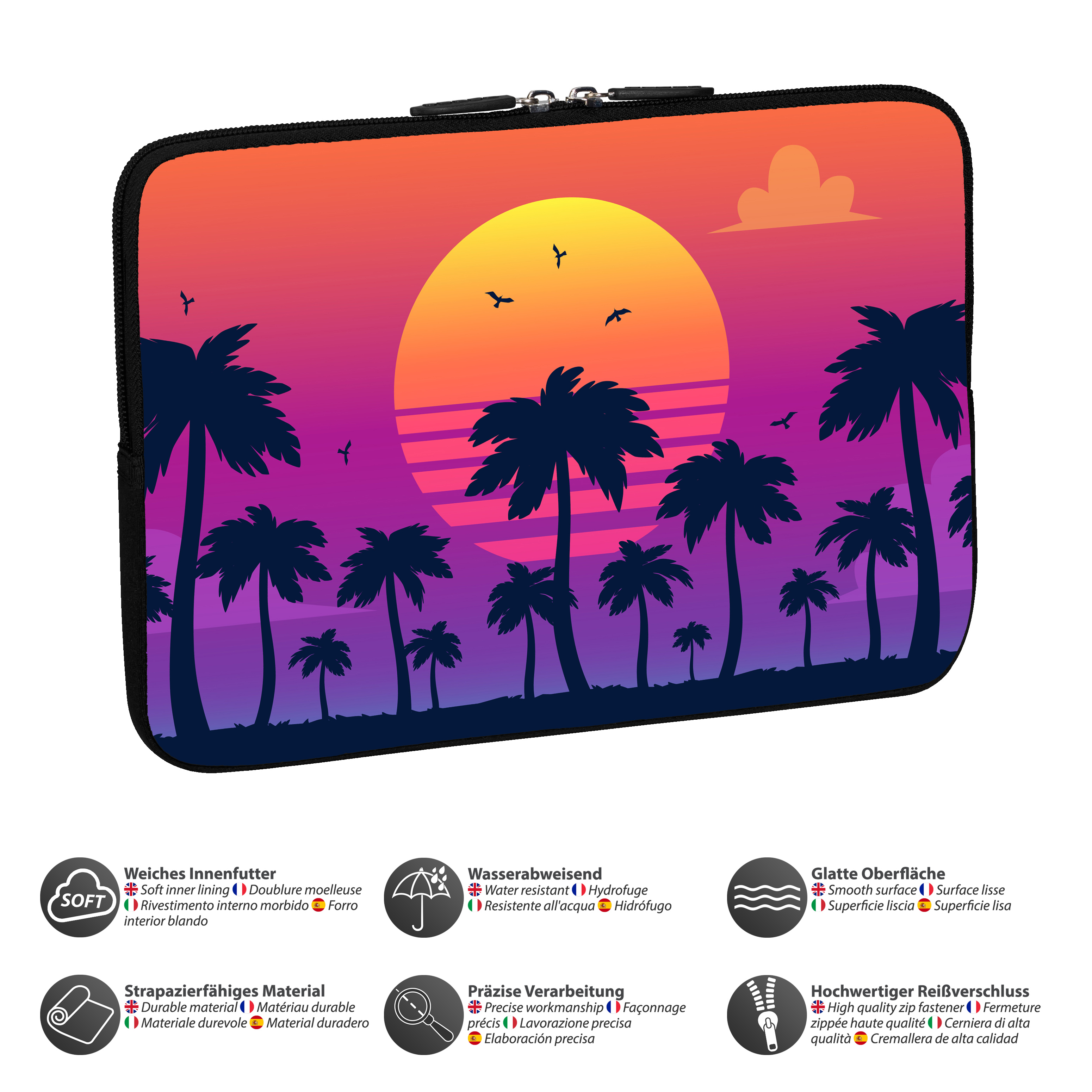 Eine Tablethülle mit einer Sonnenuntergangsszene mit Palmen, Himmel und Sonne.