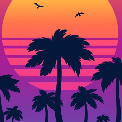 Sonnenuntergang mit Palmen und Vögeln. Die Sonne ist orange und lila.