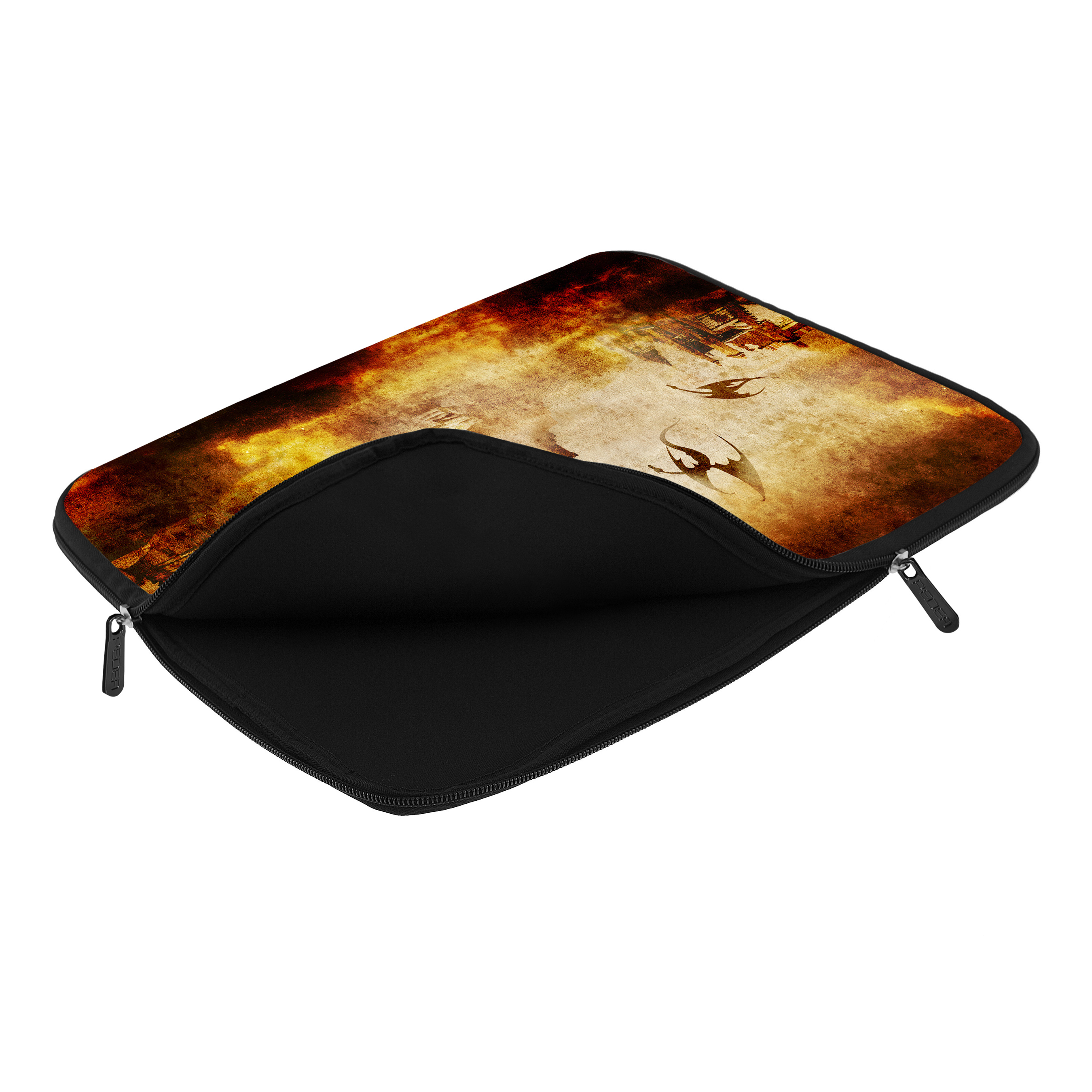 Laptoptasche mit einem feurigen Fantasy-Bild. Schwarzer Innenraum mit Reißverschluss.