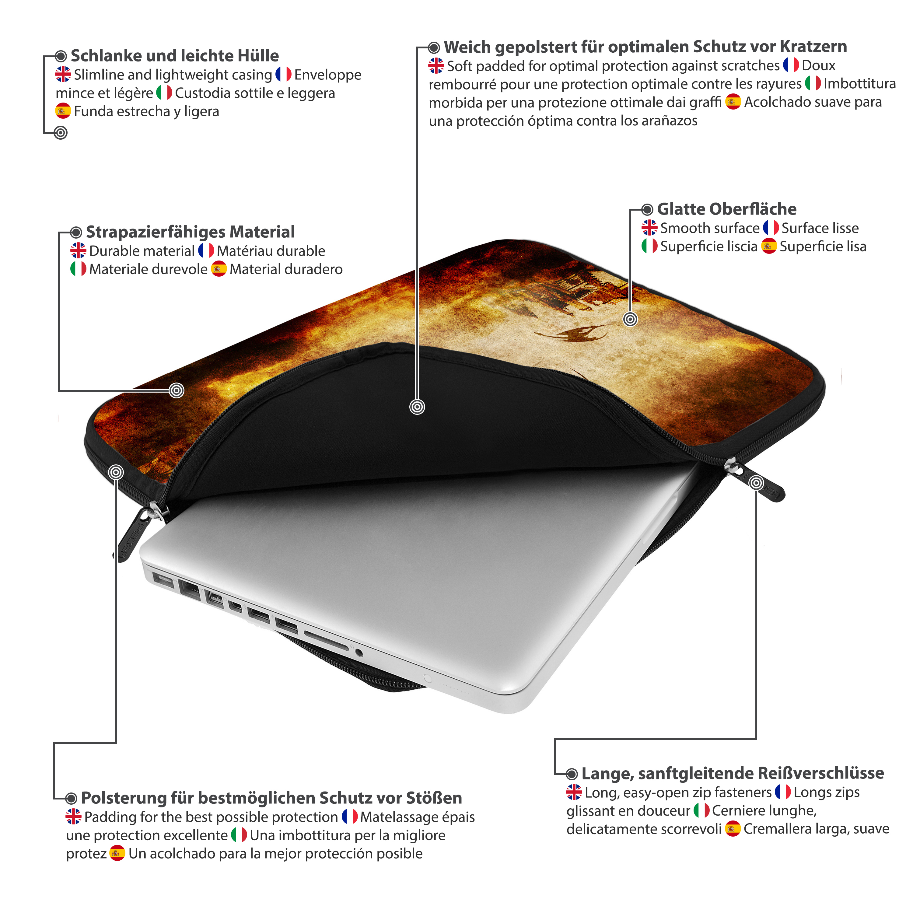 Laptoptasche mit verschiedenen Merkmalen, darunter Reißverschlüsse, Polsterung und ein Laptop.