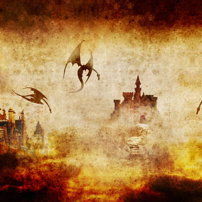 Fantasy-Kunst: Drachen fliegen über einer Burg auf einem Hügel inmitten eines feurigen Himmels und Nebels.