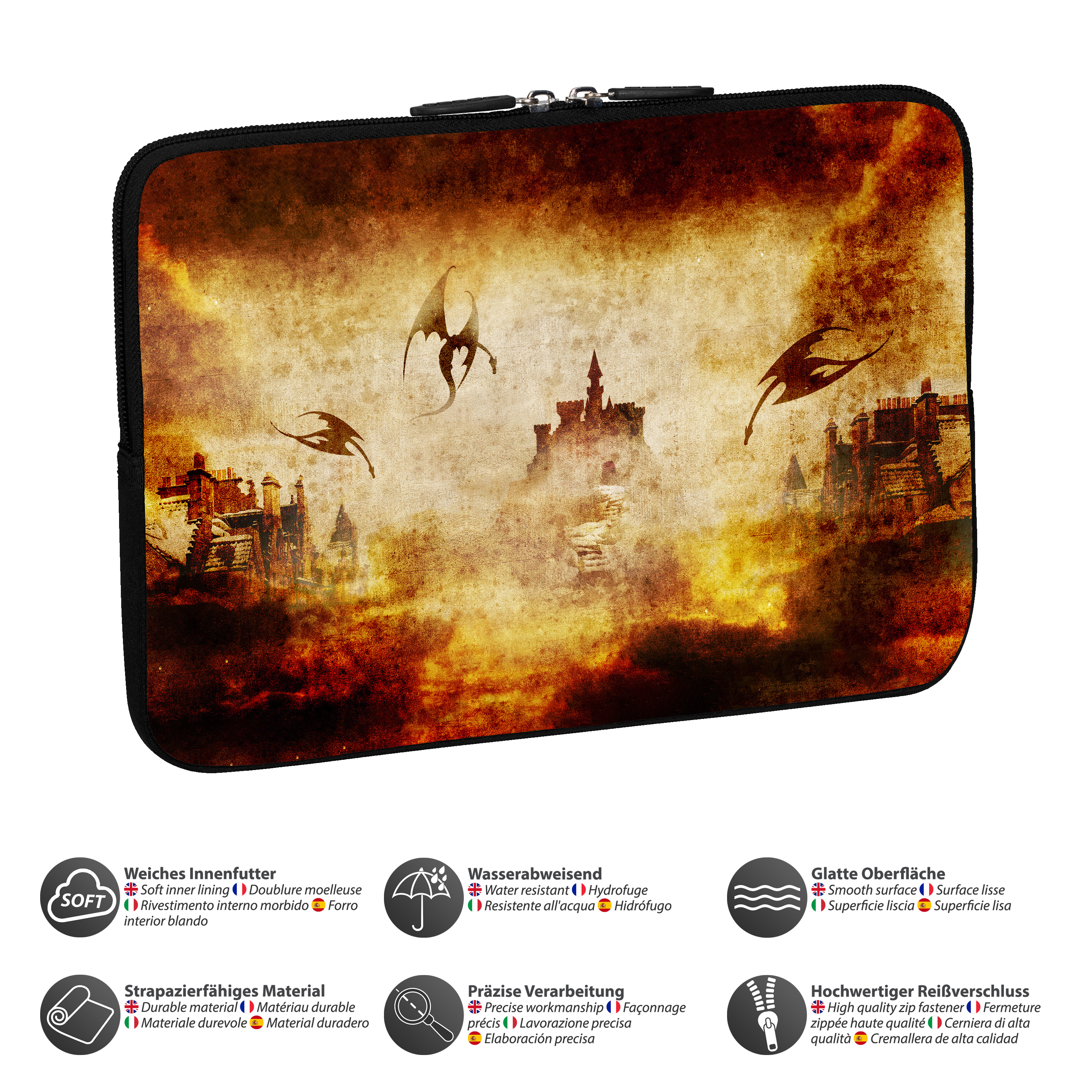 Eine schwarze Laptop-Hülle mit einem Fantasy-Design von Drachen und einer Burg in den Wolken.