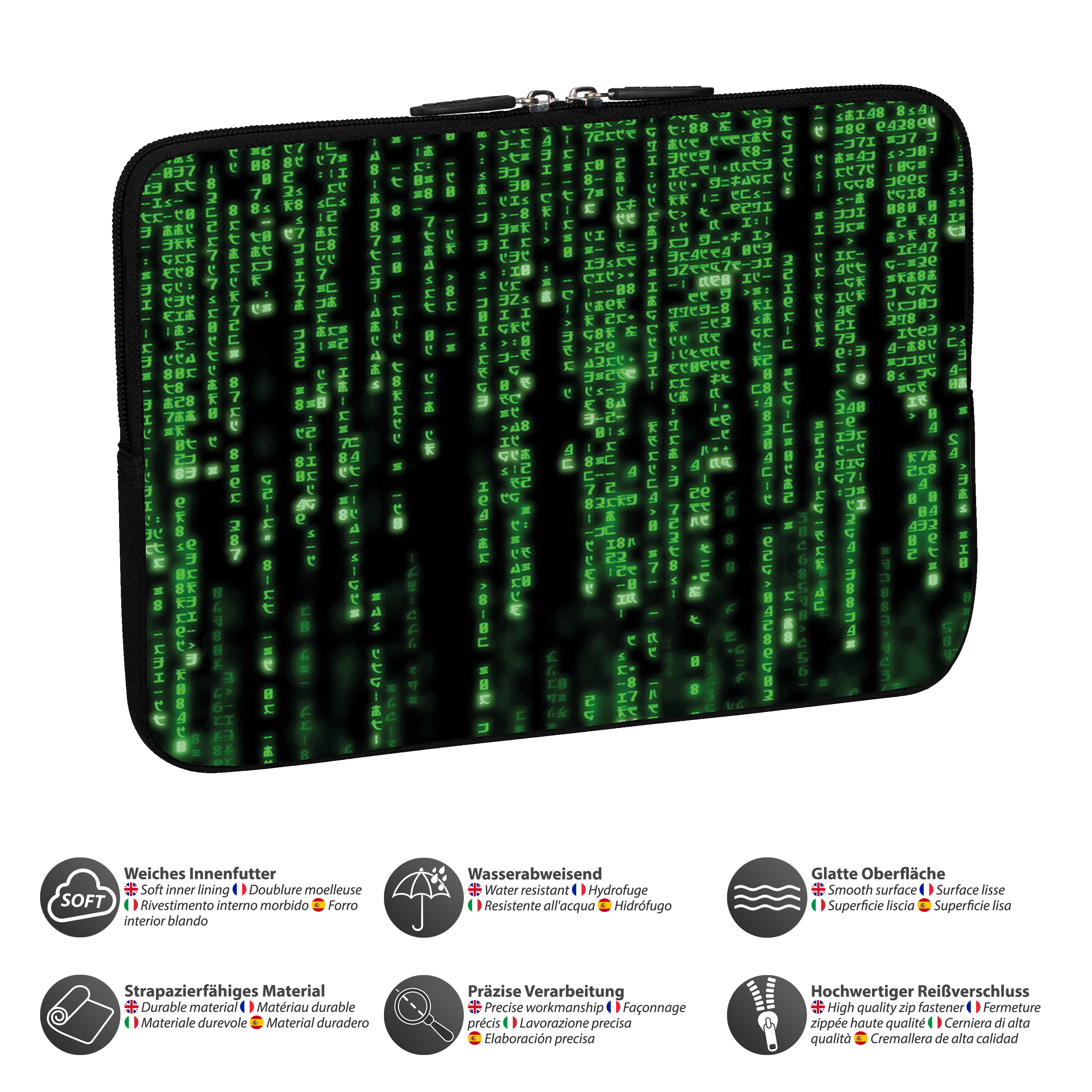 Custodia per laptop con motivo a codice verde stile matrix.