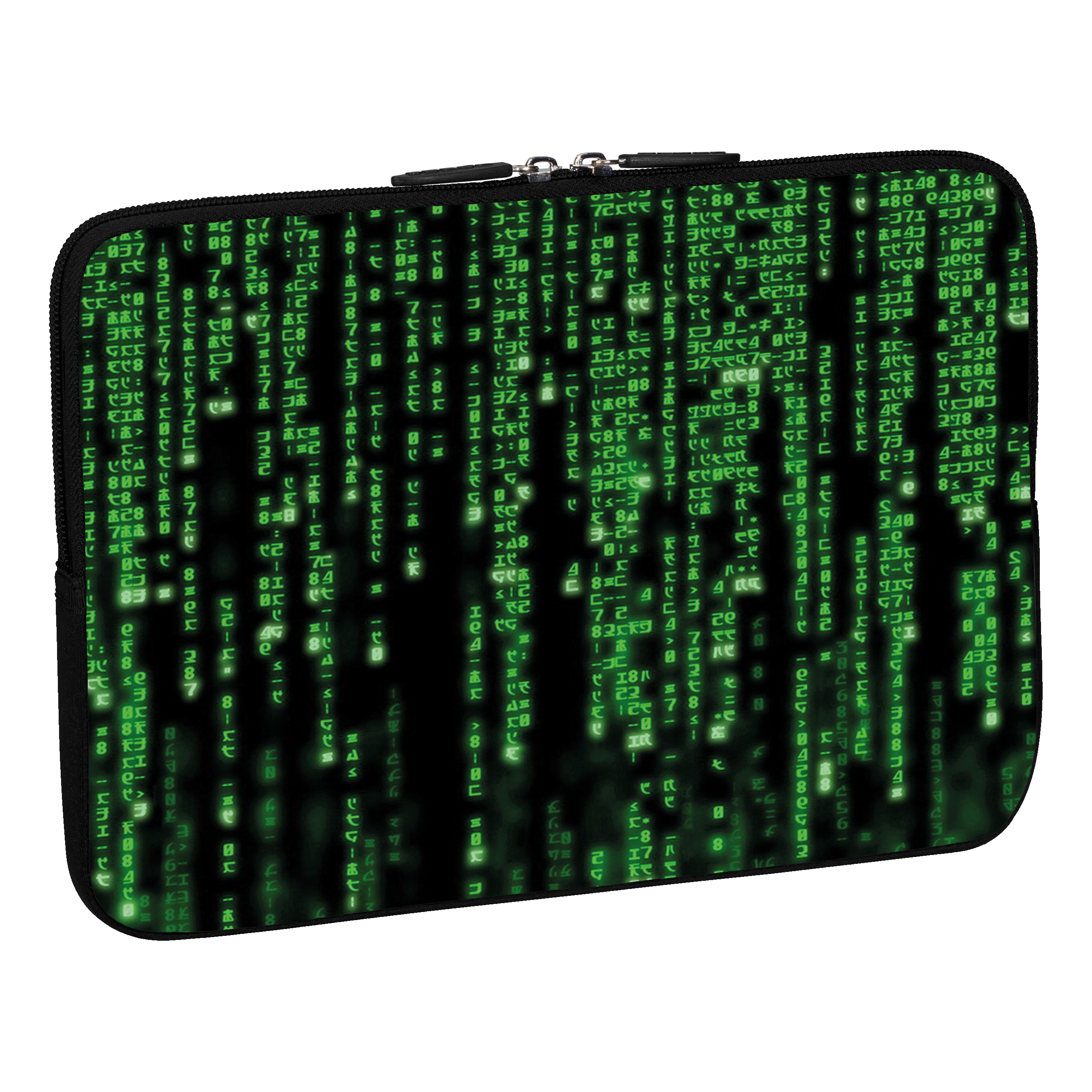 Una custodia nera per laptop con un motivo a codice binario verde. Il codice sembra cadere.