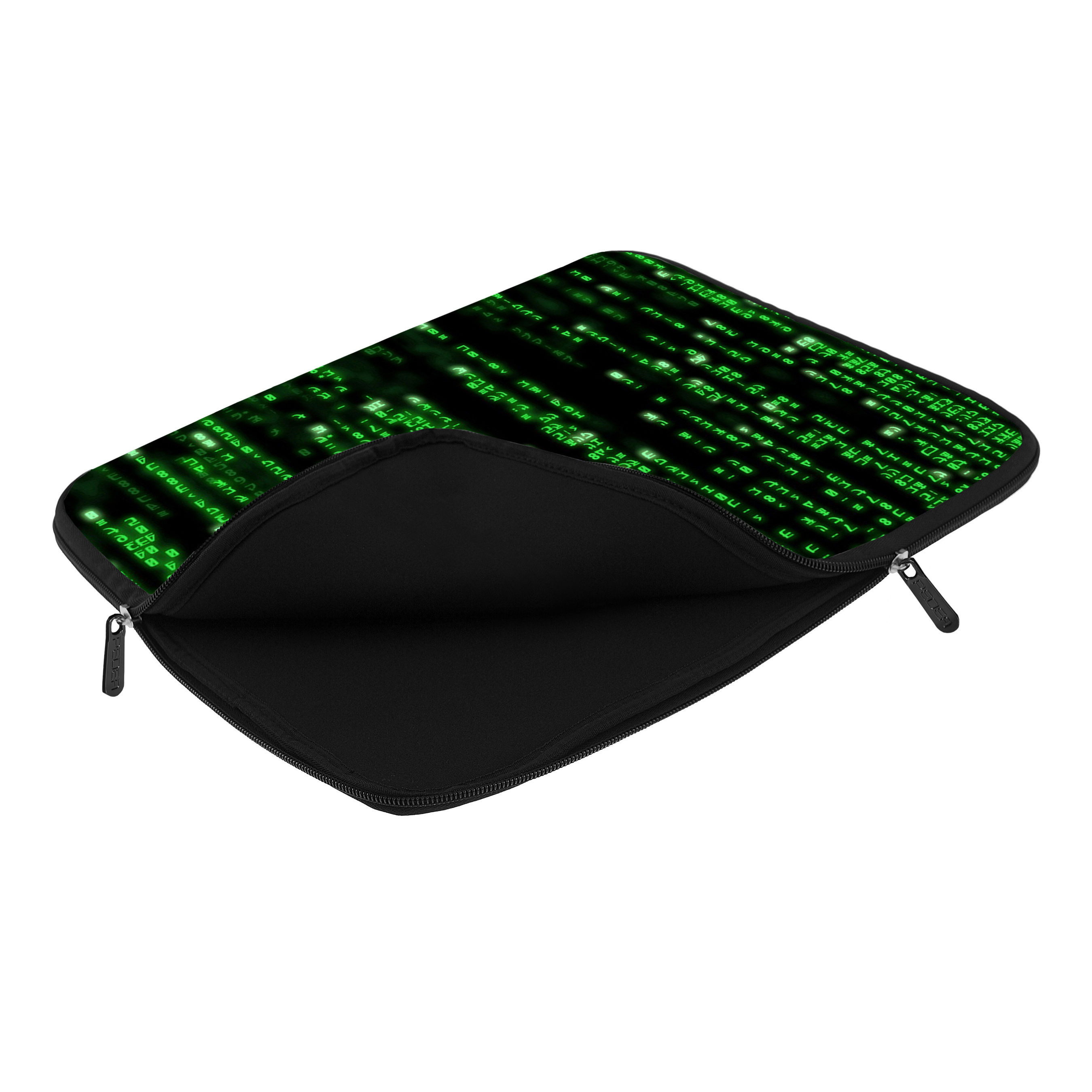 Custodia per laptop aperta, con interno nero. Design con testo verde a codice su sfondo nero.