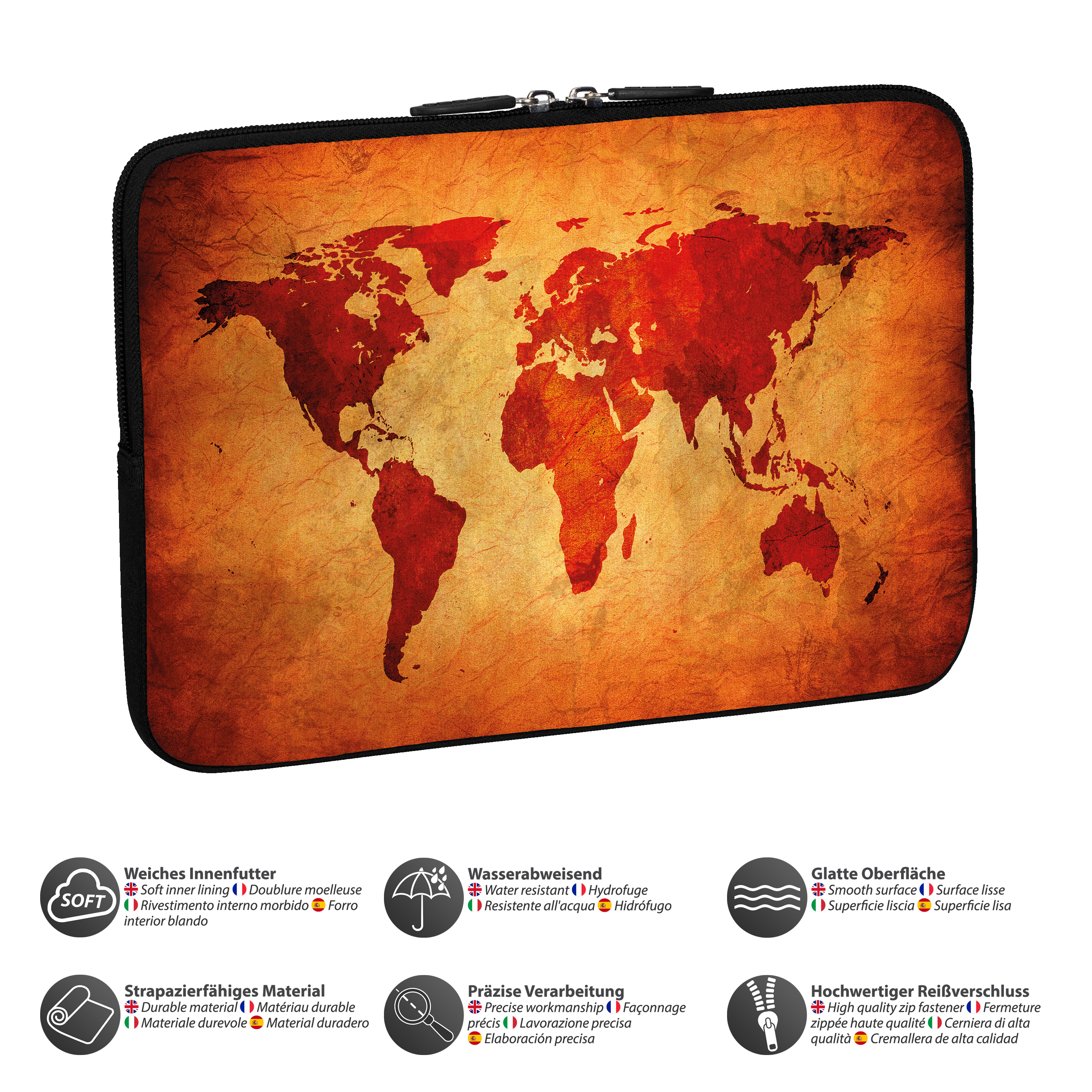 Un design a mappa rossa su una custodia per laptop. La custodia ha una cerniera e una morbida fodera interna.