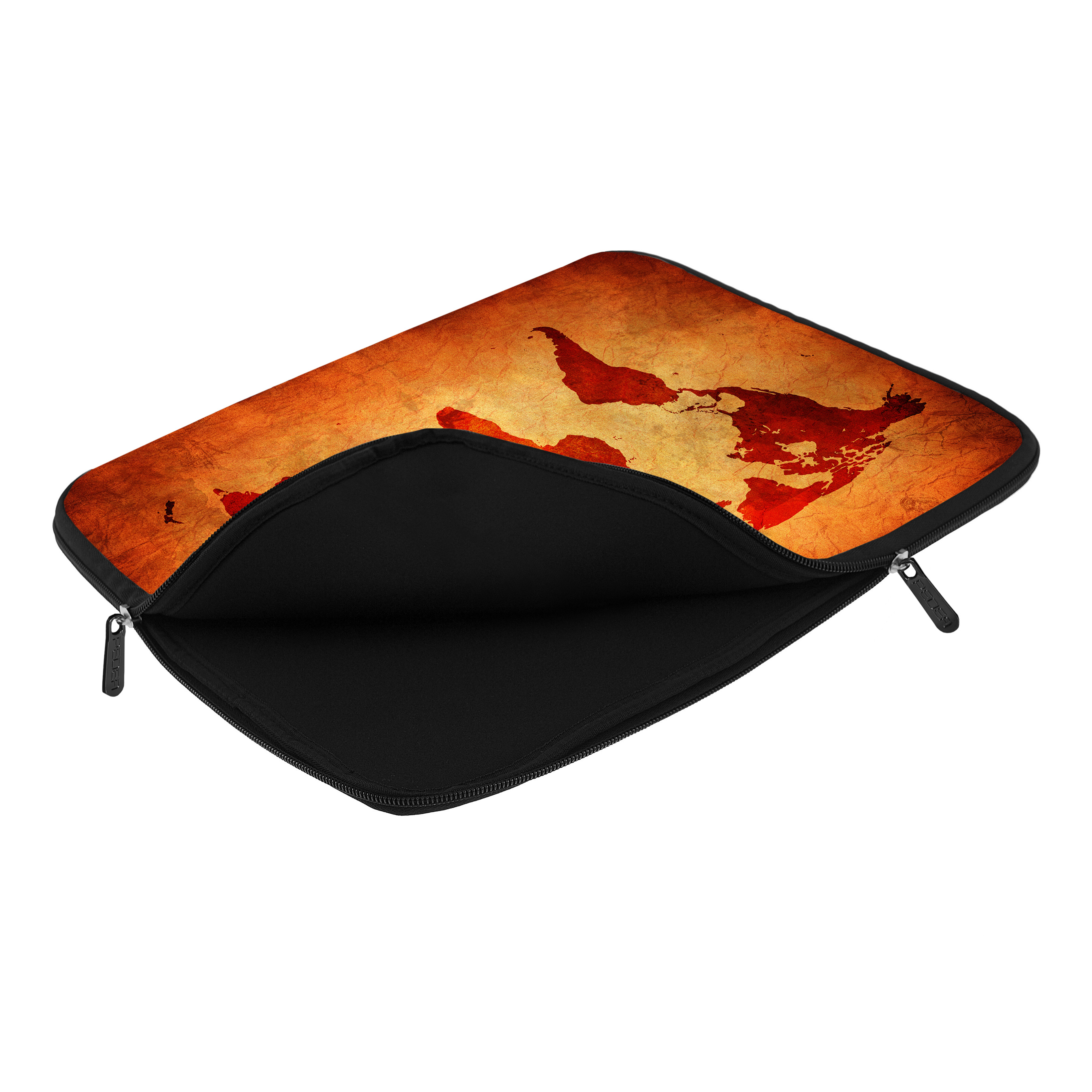 Una custodia per laptop aperta con un design a mappa, interno scuro. Sono presenti due cerniere.