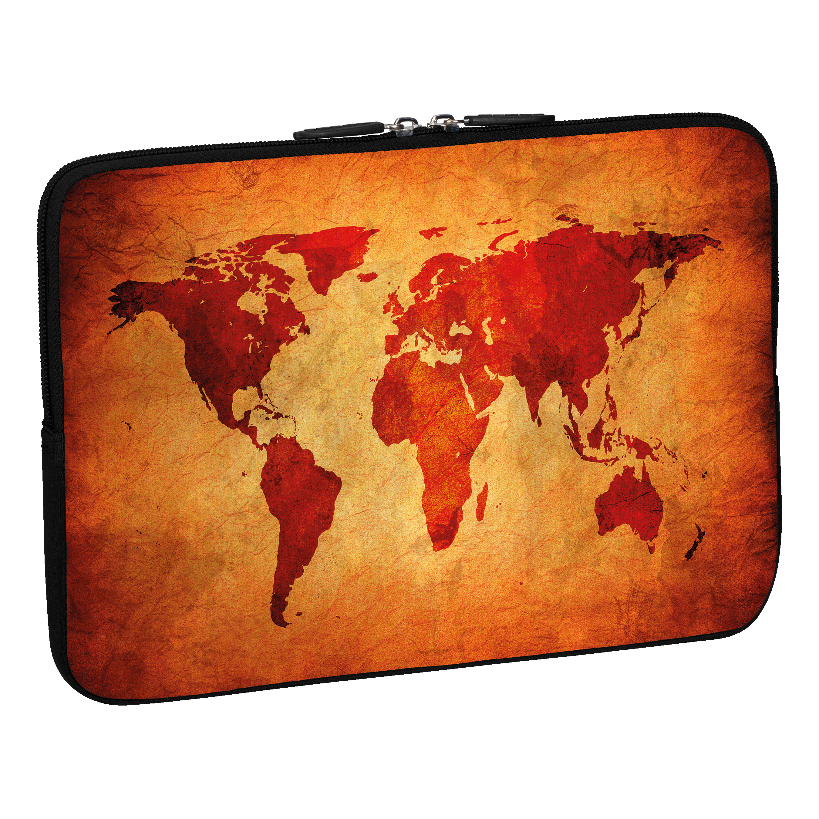 Custodia per laptop con un design della mappa del mondo in rosso su sfondo marrone.