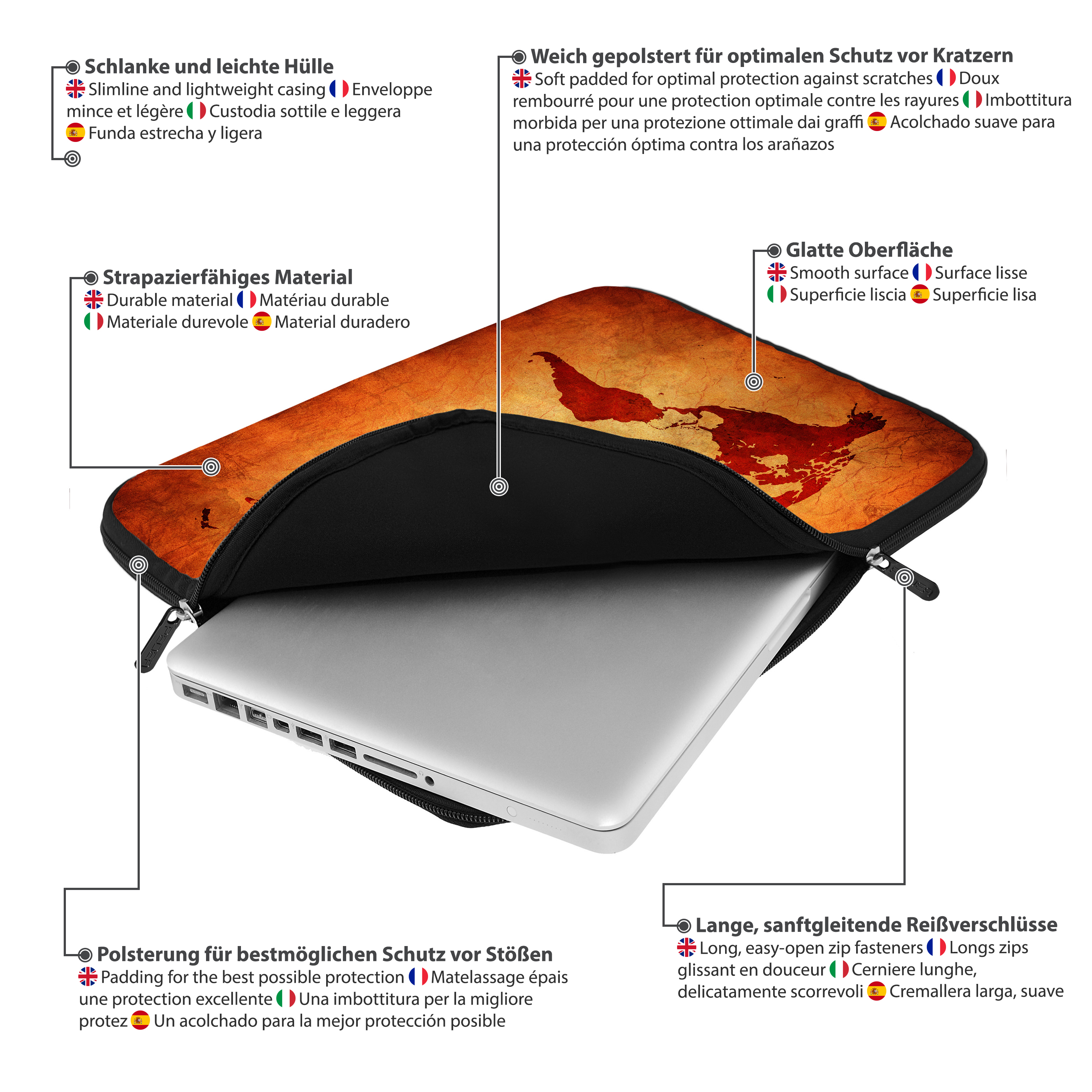 Custodia per laptop con design mappa del mondo, aperta con laptop.