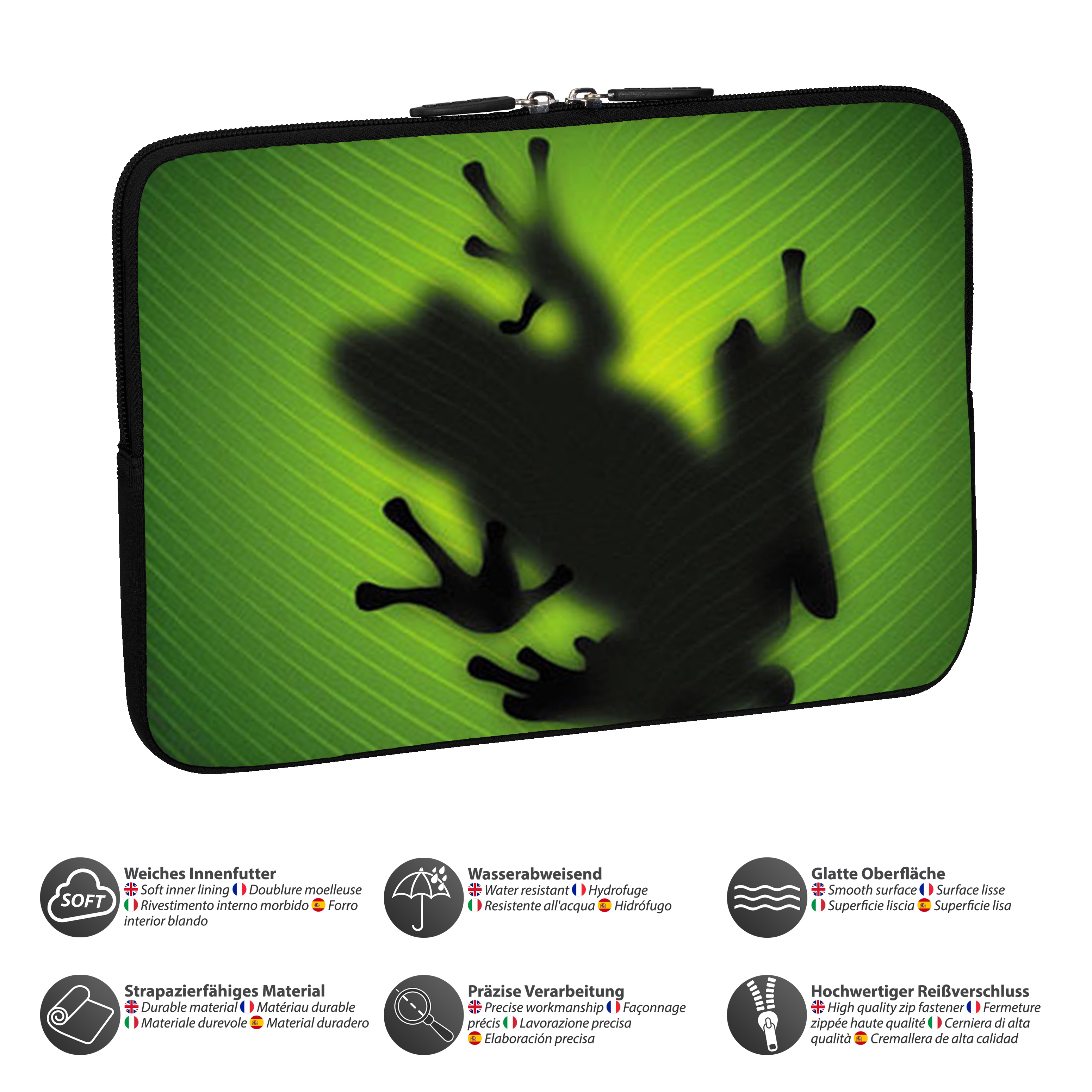 Laptoptasche mit einer Froschsilhouette auf einem Blatt. Text und Symbole unten.