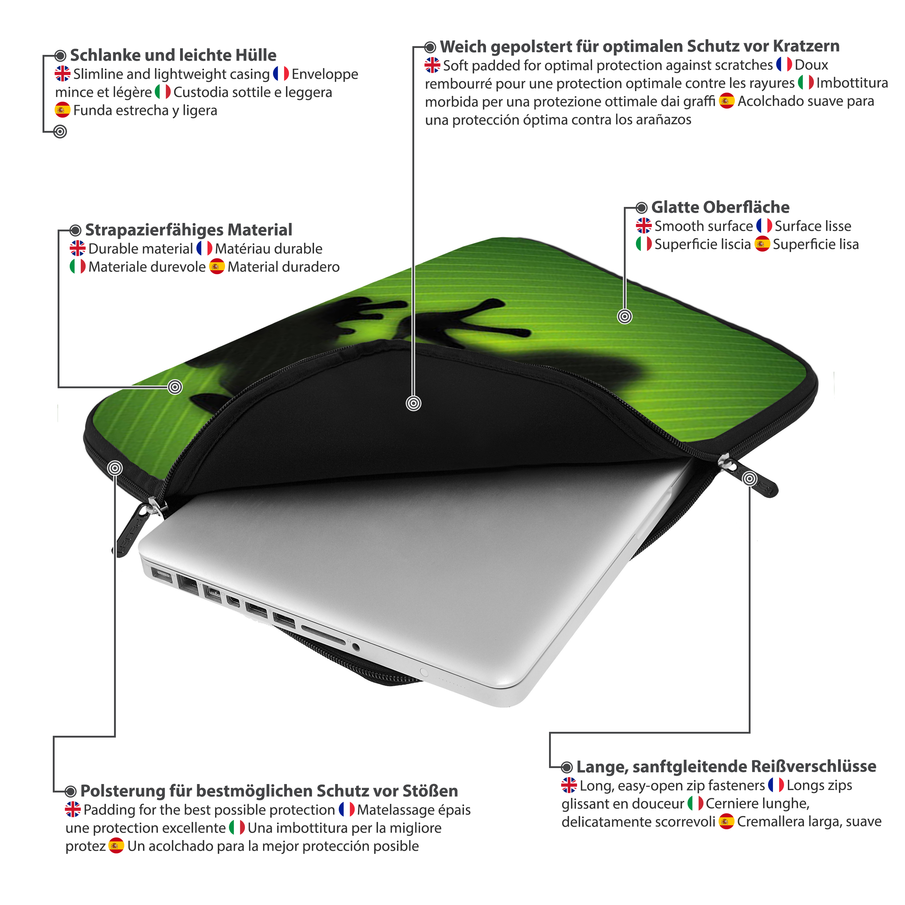 Laptop in einer grün-schwarzen Hülle. Die Hülle hat eine Froschgrafik und Reißverschlüsse.
