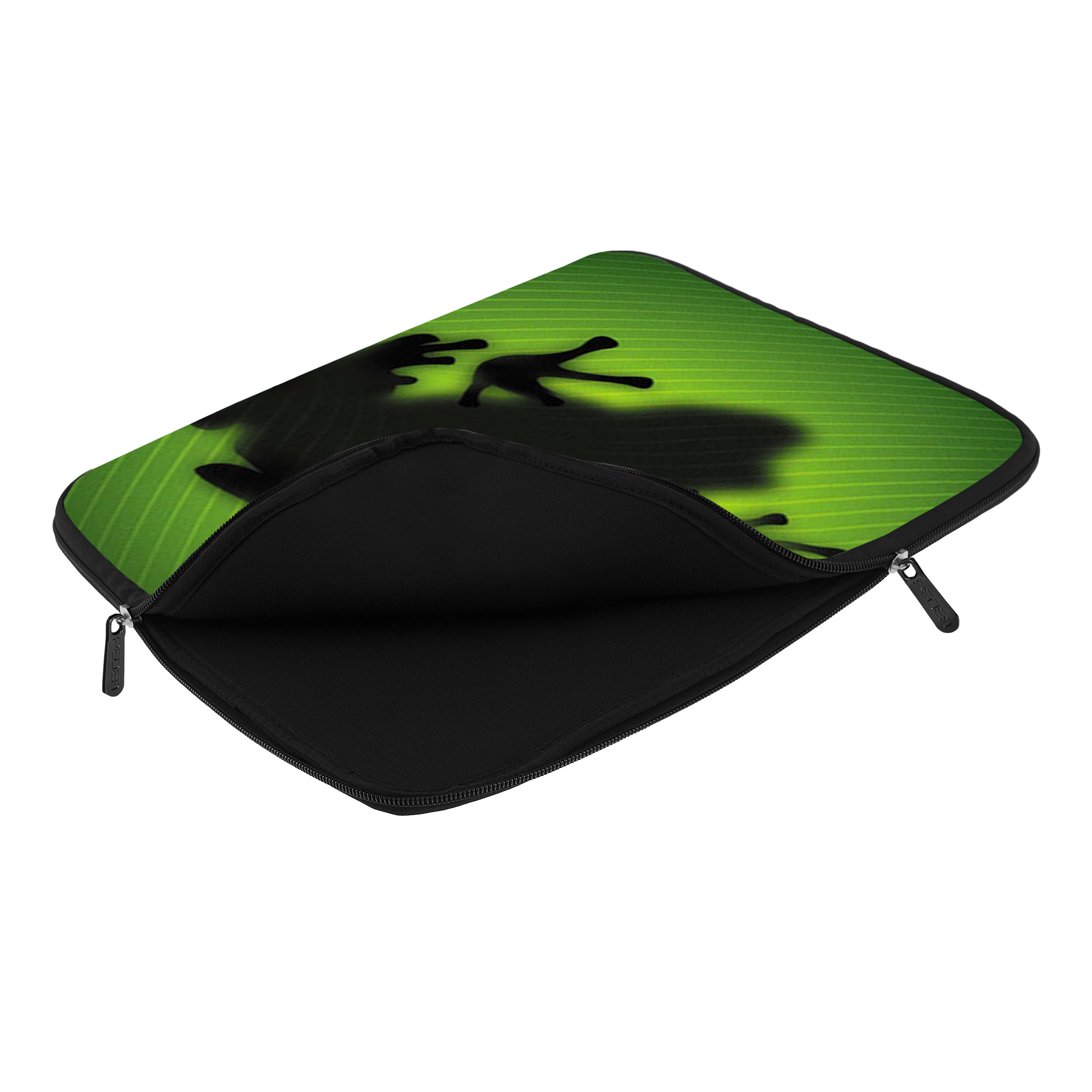 Geöffnete Laptop-Hülle, mit einer Froschsilhouette auf einem grünen Blättermuster, schwarz innen.
