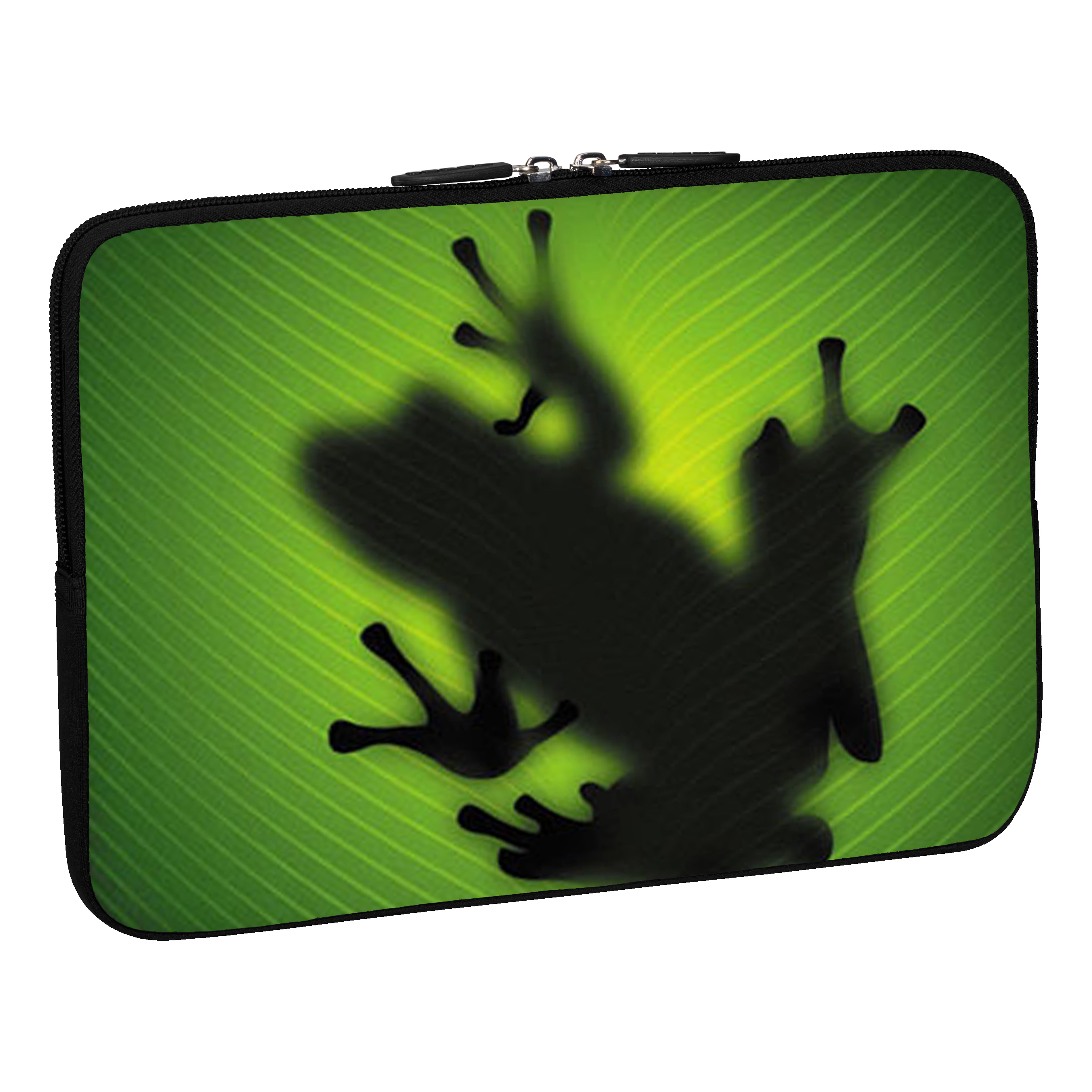 Laptoptasche mit grüner Froschsilhoue auf grünem Blatt-Hintergrund.