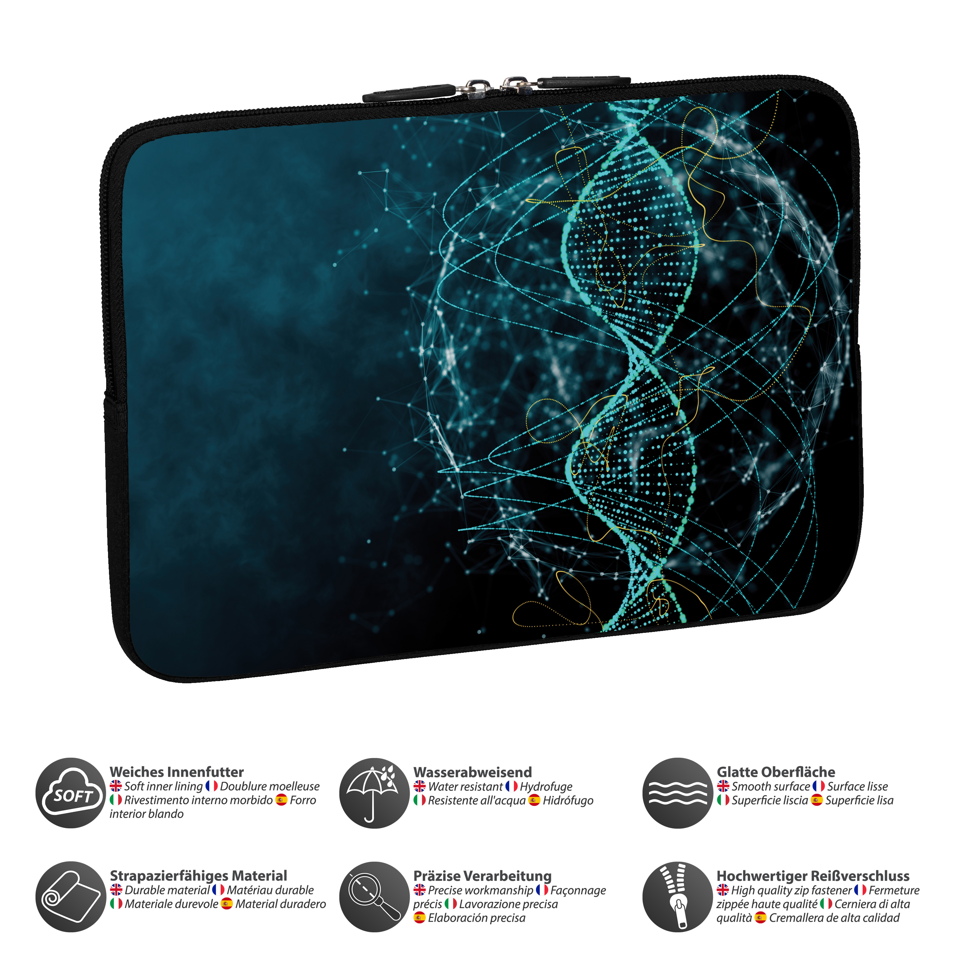 Una custodia nera per laptop con un design a DNA luminoso. Testo e icone nella parte inferiore dell'immagine.