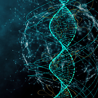 Struttura astratta del DNA con linee e punti verde acqua luminosi su sfondo scuro.