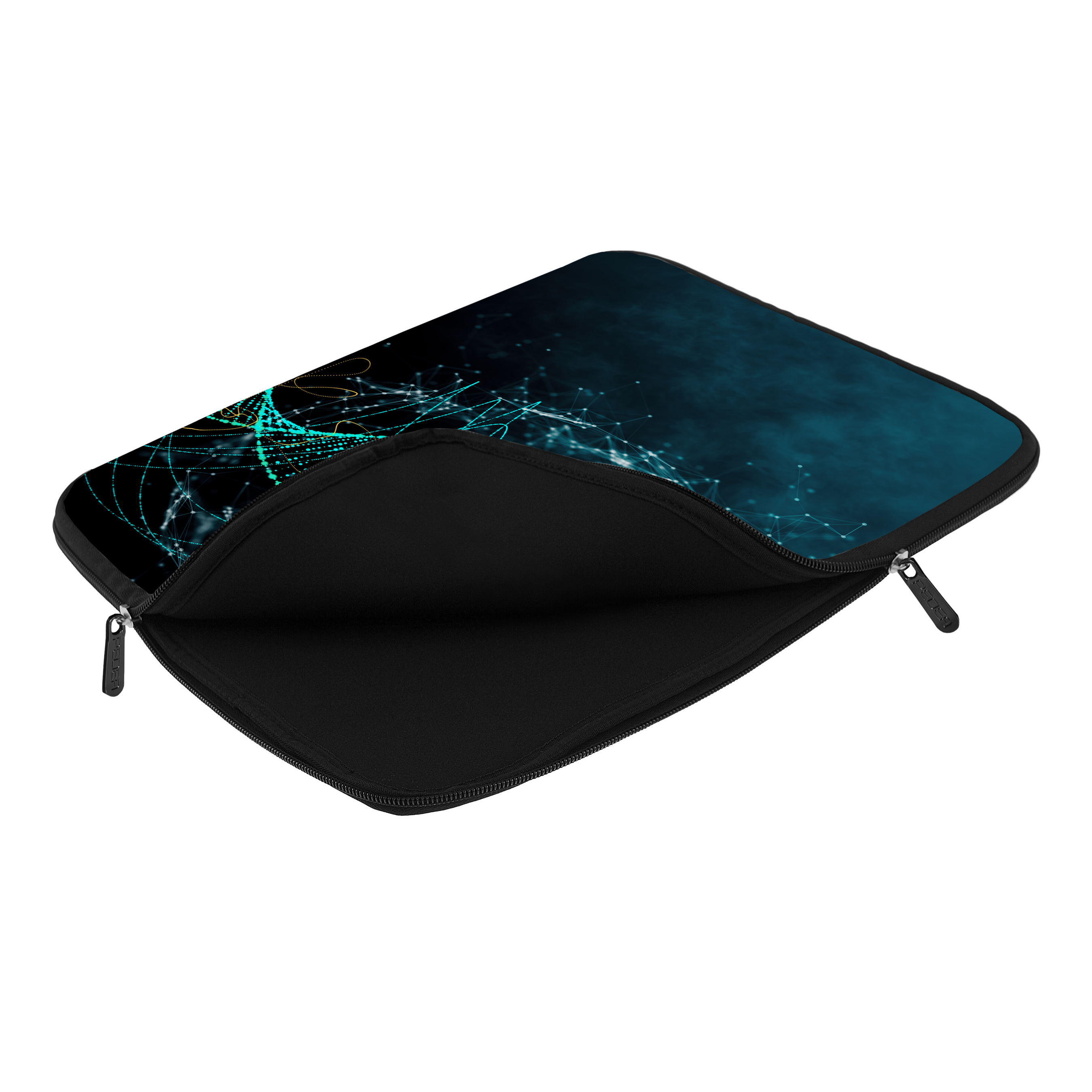 Custodia per laptop aperta con design digitale blu, su sfondo bianco.
