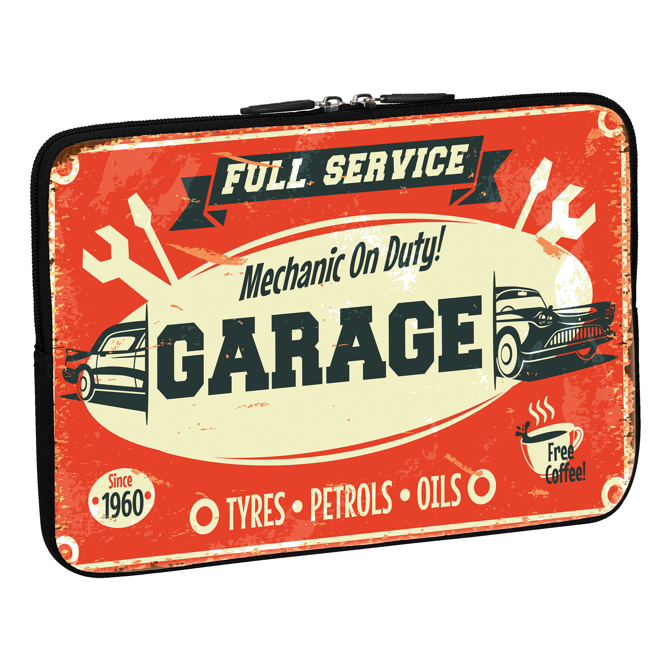Custodia rossa a tema garage con design vintage. Con testo 'Full Service' e 'Garage' e illustrazioni di auto.