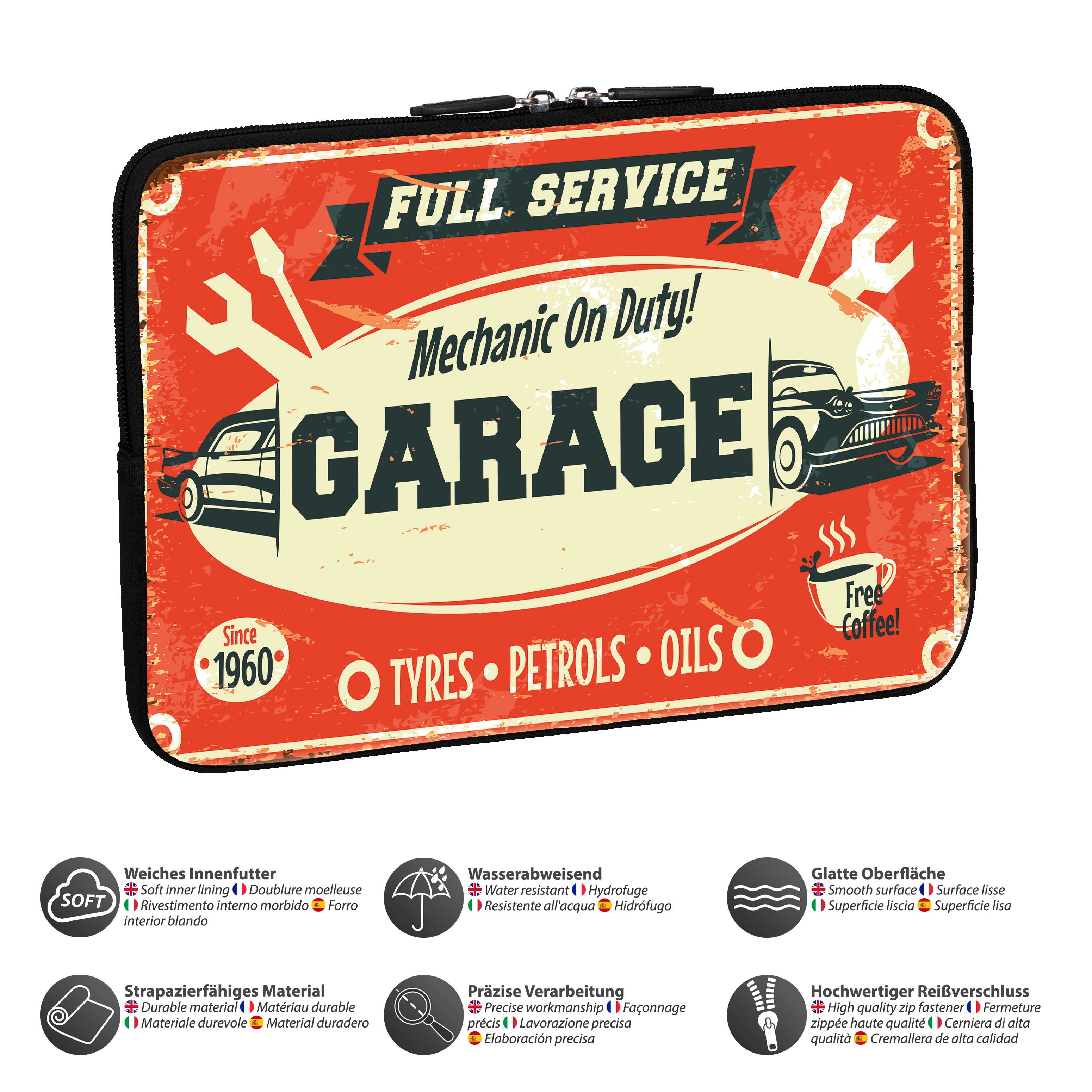 Un'insegna vintage di garage con attrezzi, un'auto e testo. Ha varie icone e sfondo usurato.